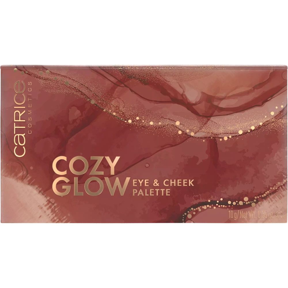Catrice Cozy Glow Eye & Cheek Palette. Rechteckige Verpackung mit Produktnamen. Enthält sechs Farbtöne.