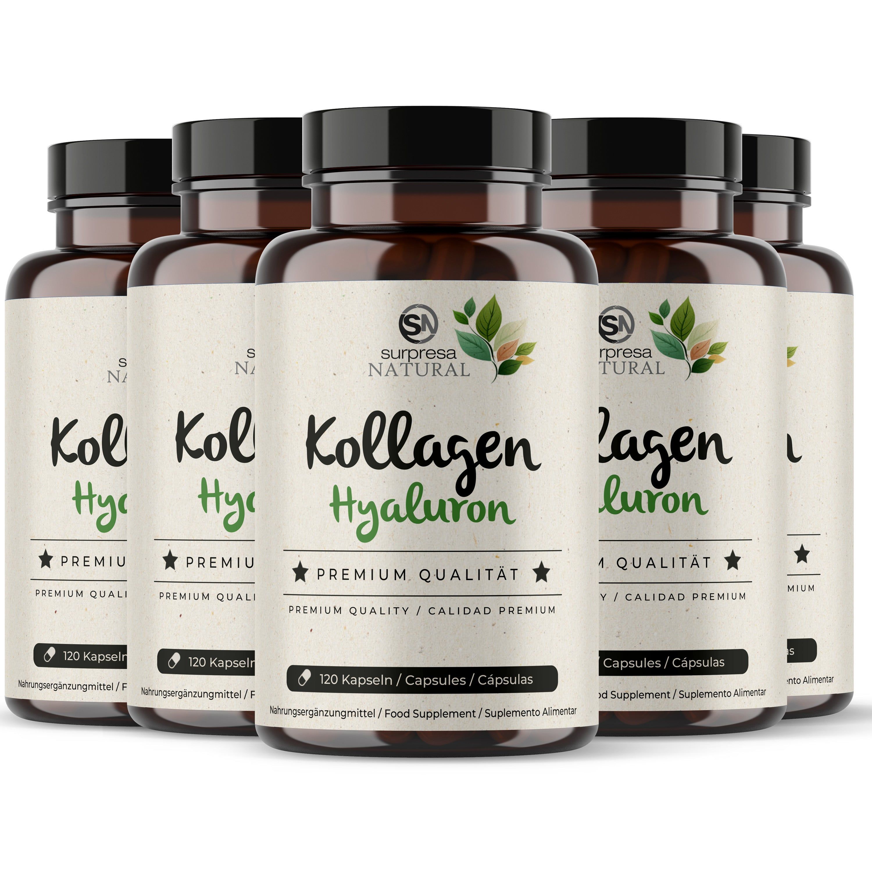 Sechs Dosen Kollagen + Hyaluron Kapseln, 120 Stück pro Dose, Premium Qualität.