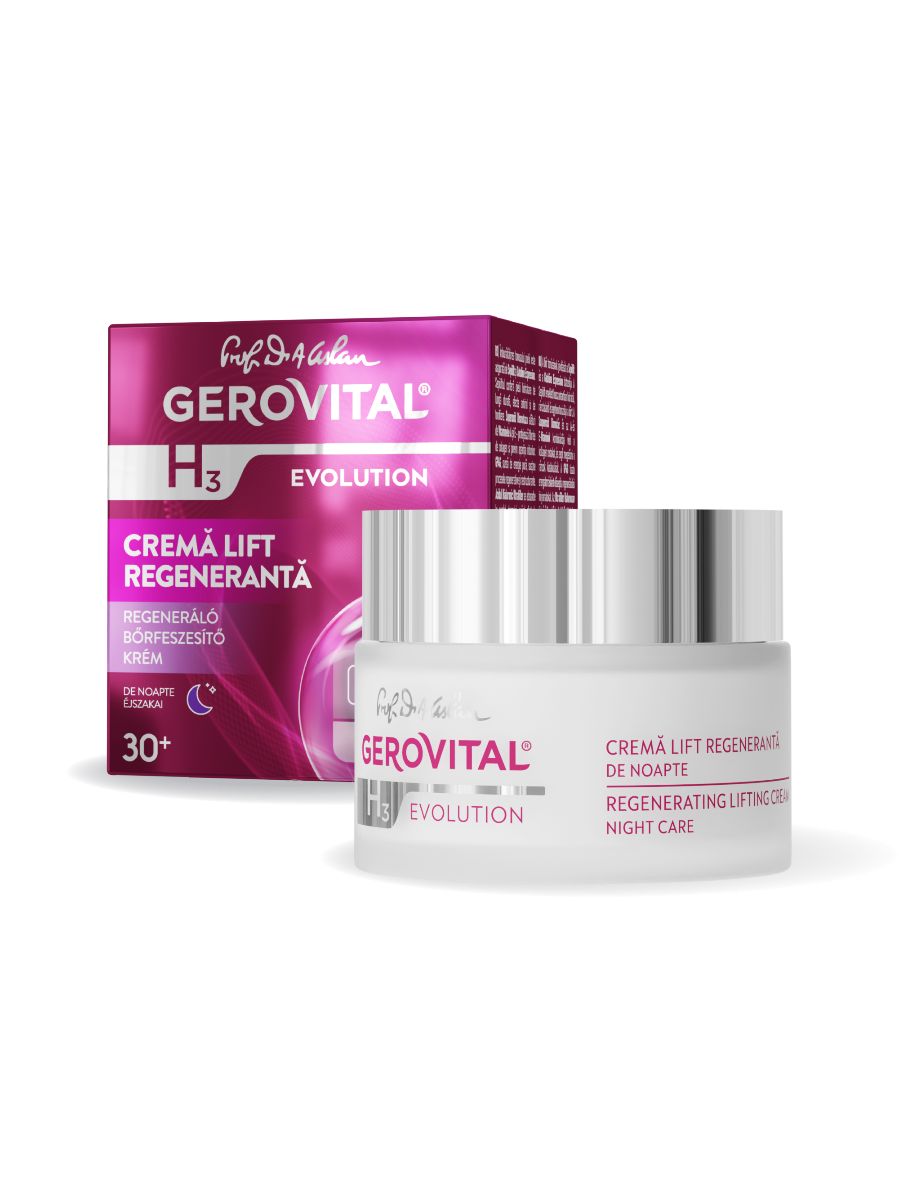Creme und Verpackung. Gerovital H3 Evolution Nachtcreme. Text: Cremă Lift Regenerantă, 30+.