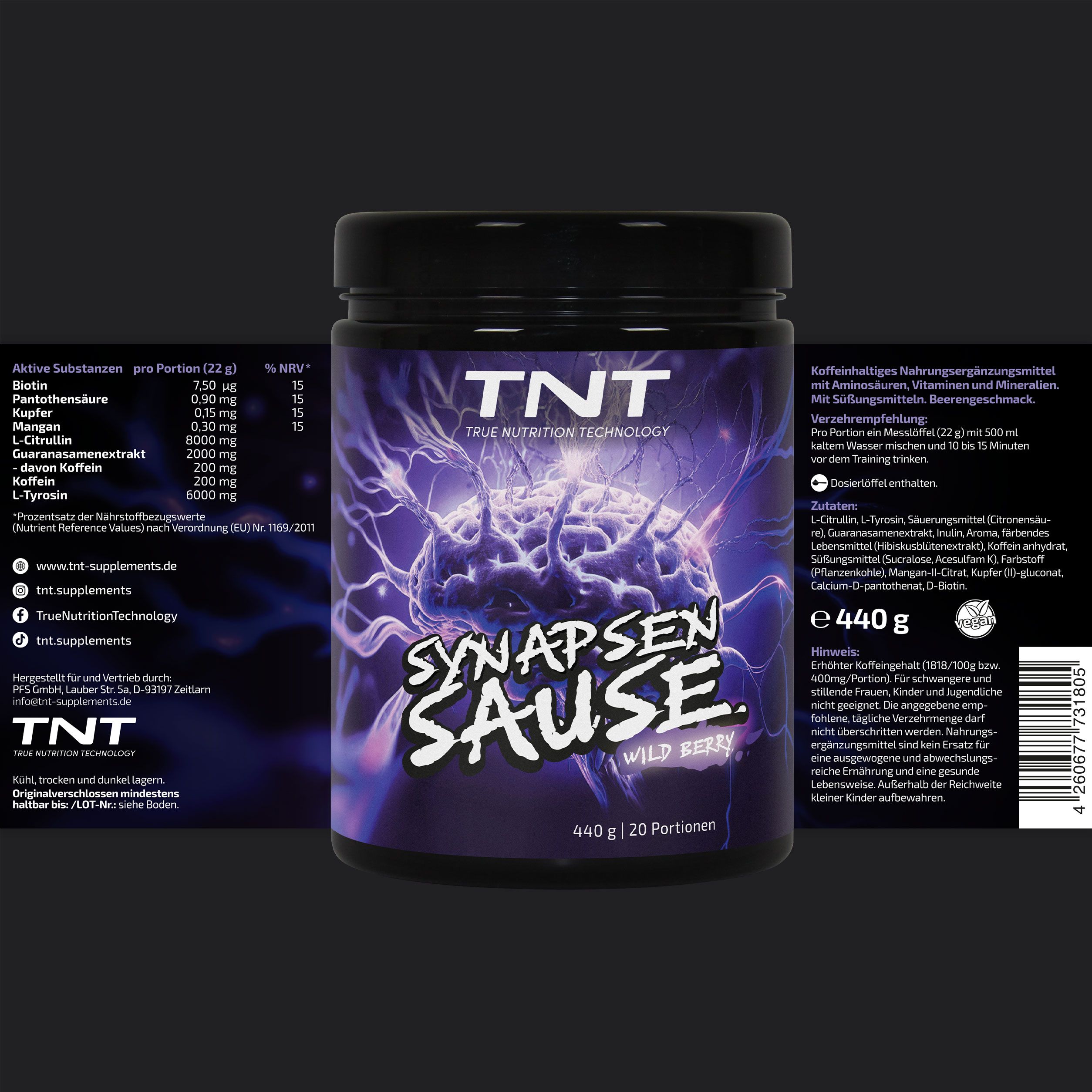 TNT Synapsensause-Produkt mit Informationen. Enthält 440g, 20 Portionen. Inhaltsstoffe und Nährwertangaben.