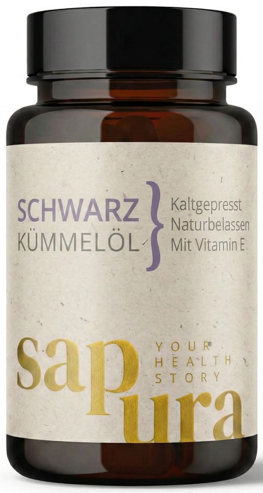 Braune Glasflasche mit schwarzem Deckel, gefüllt mit Kapseln. Etikett mit "SCHWARZKÜMMELÖL" und "sapura".