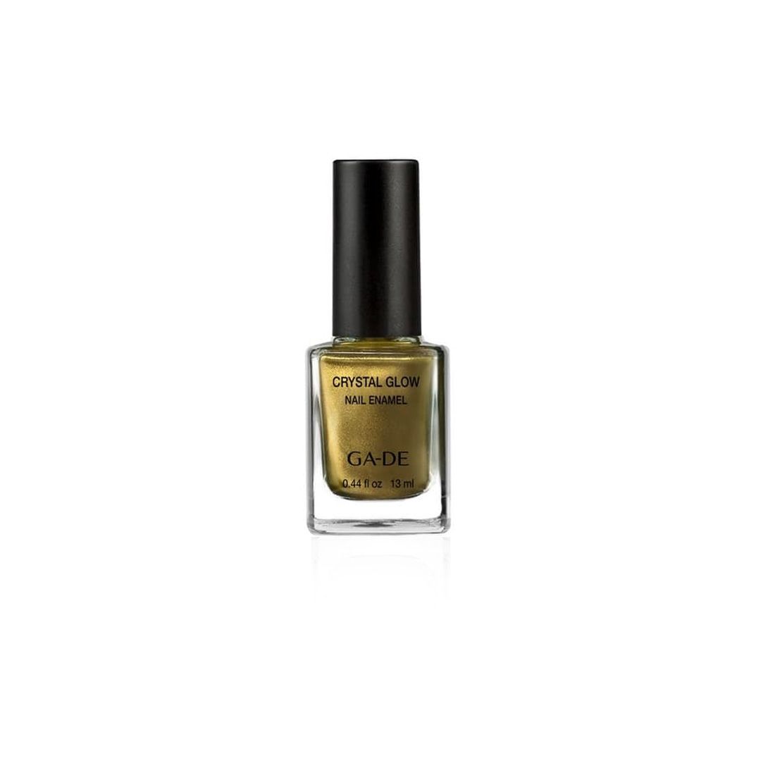 Ga-De Crystal Glow Nagellack. Goldfarbener Nagellack in einer quadratischen Glasflasche mit schwarzem Deckel. Aufschrift: Crystal Glow Nail Enamel.