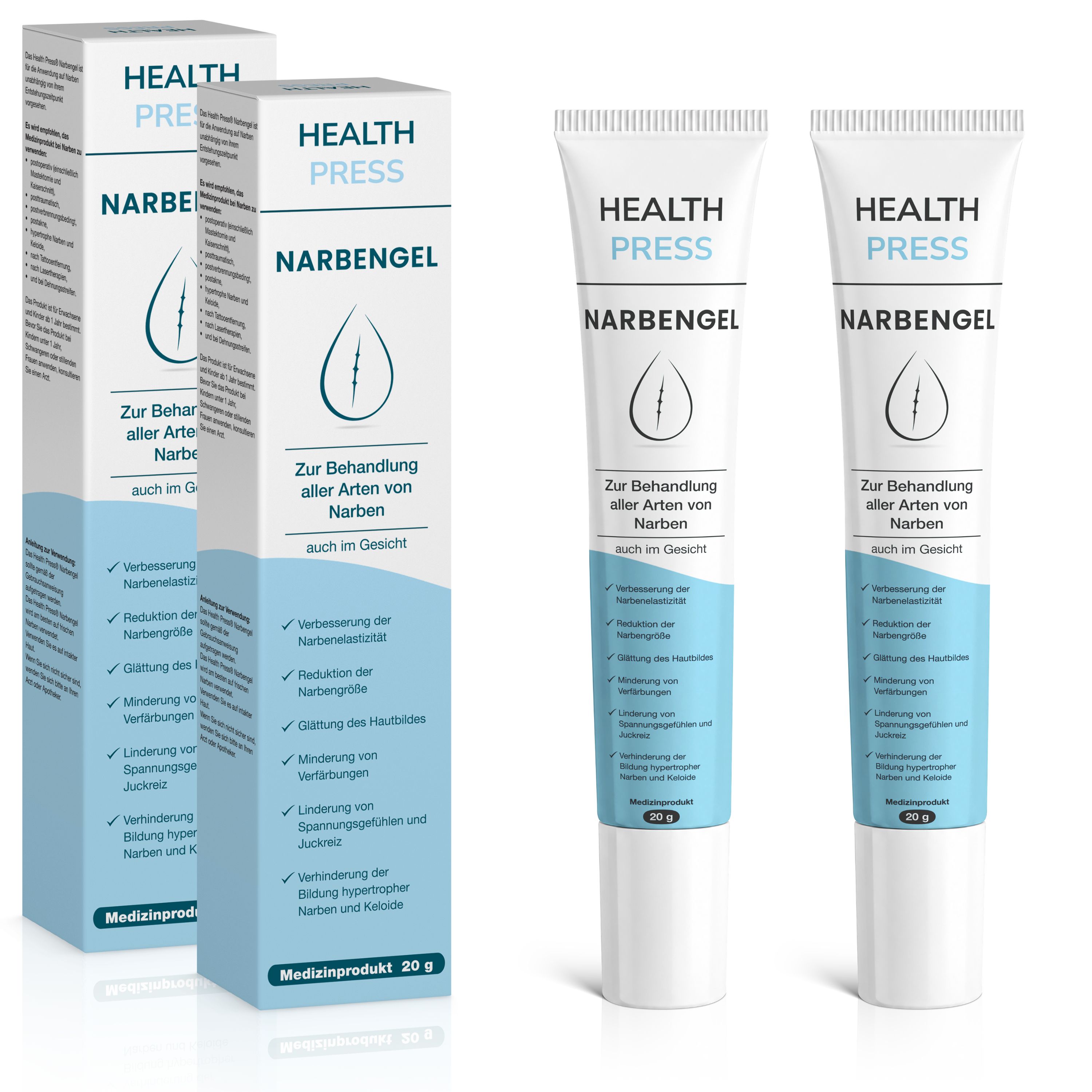 Zwei Tuben Health Press Narbengel und zwei Faltschachteln, die das Produkt und seine Anwendung zeigen.
