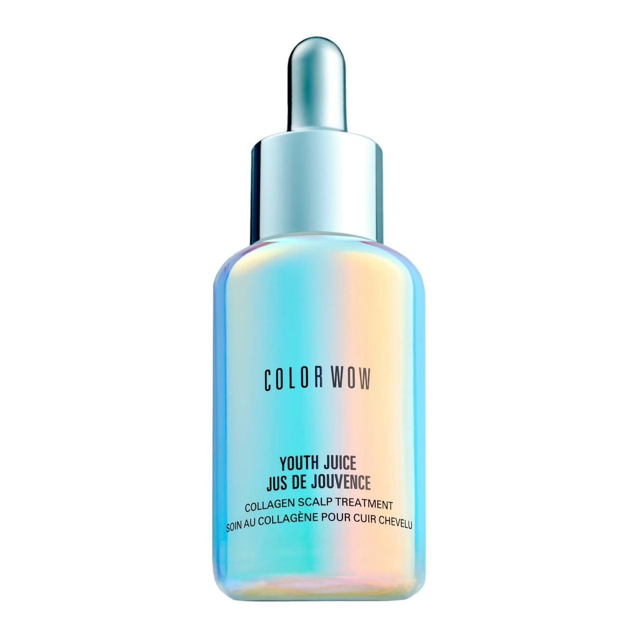 Flasche mit Tropfer. Aufschrift: COLOR WOW, YOUTH JUICE, COLLAGEN SCALP TREATMENT. Holografische Oberfläche.