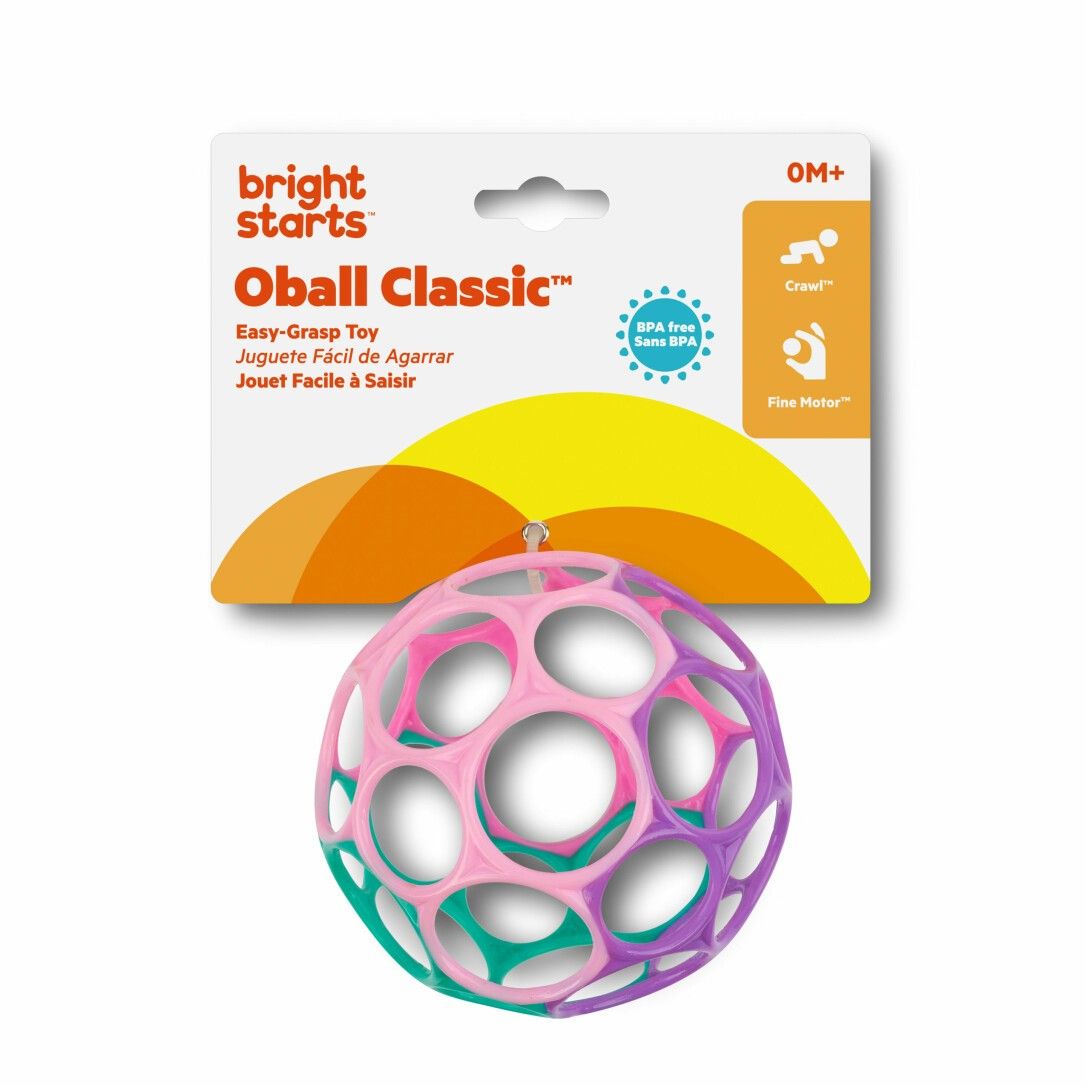 Verpackung mit Oball Classic. Ball mit pinken, lila und türkisen Elementen. Text: Easy-Grasp Toy, BPA-frei.
