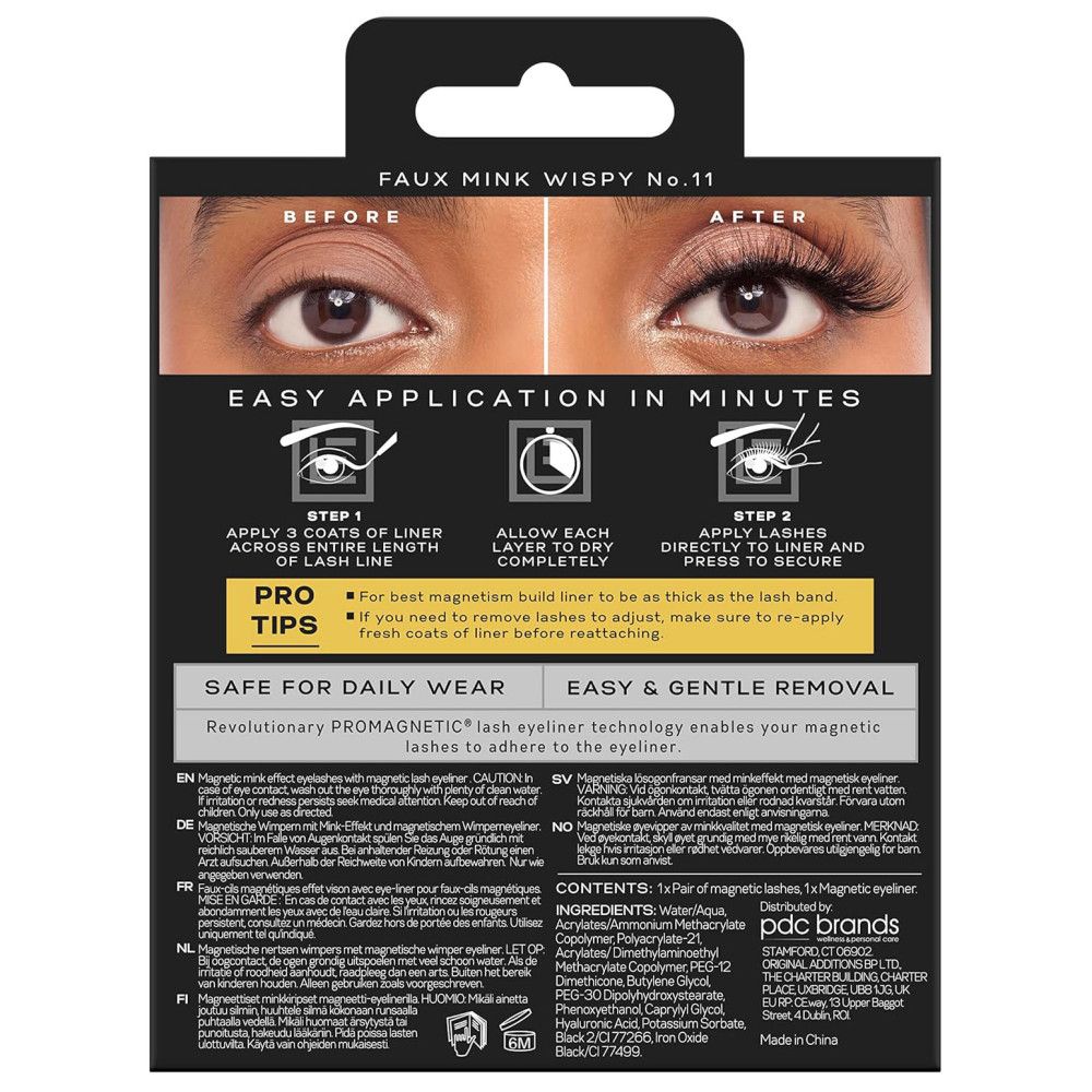 Rückseite der Verpackung. Faux Mink Wispy Nr. 11. Anleitung zur Anwendung. Enthält Inhaltsstoffe und Markeninformationen.
