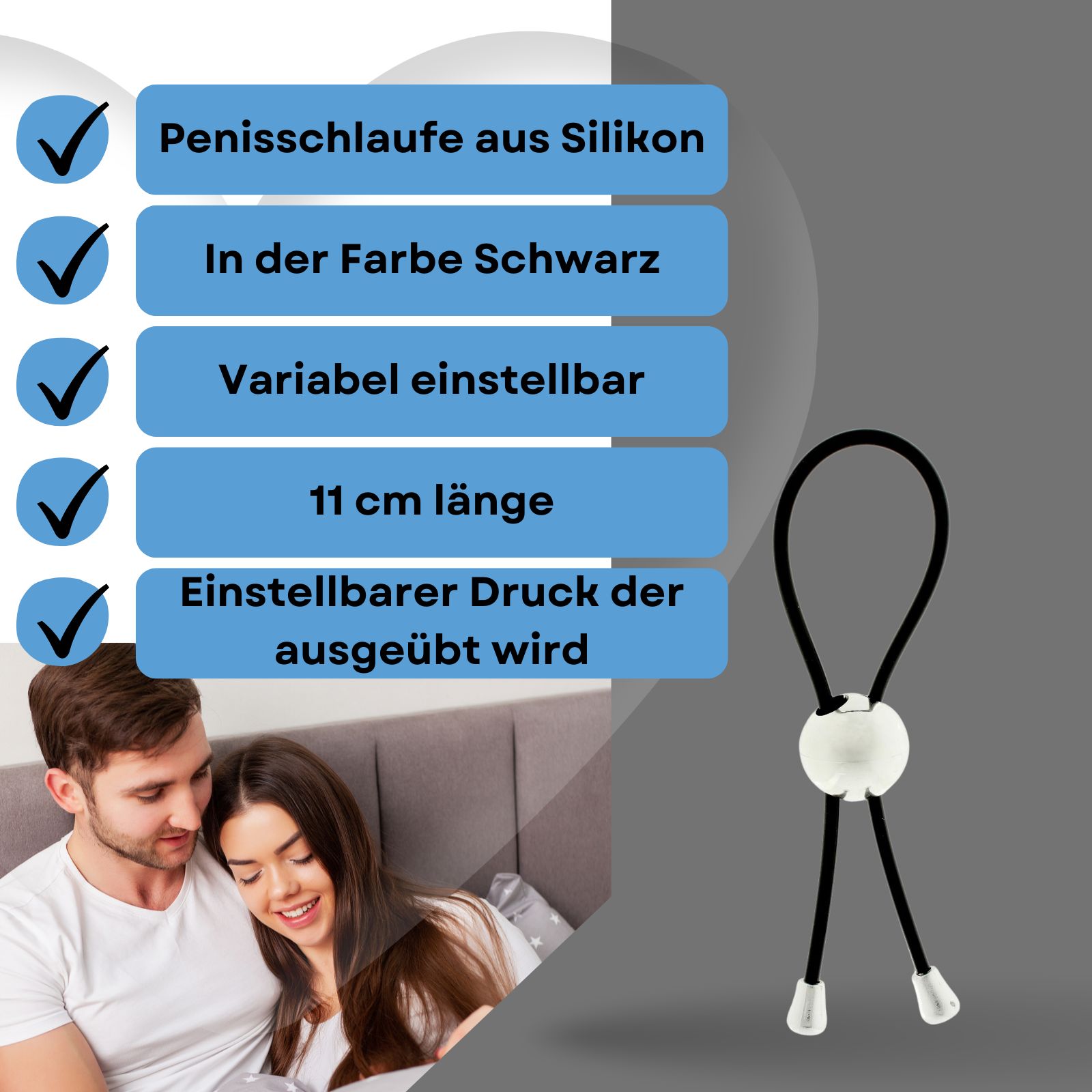 Schwarze Silikon-Penisschlaufe mit weißem Kugel-Element. Text: Penisschlaufe aus Silikon, schwarz, 11 cm lang, einstellbar.