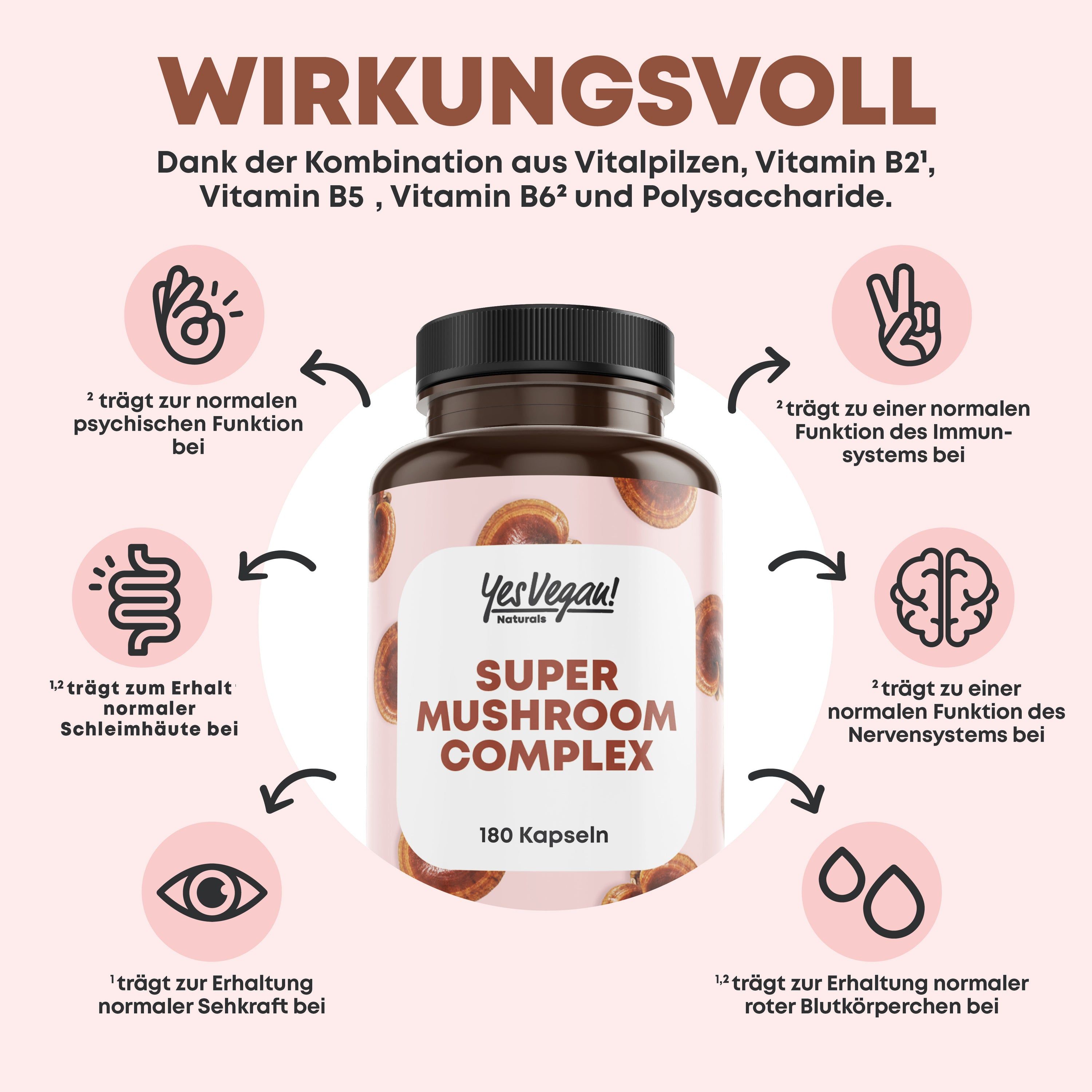 Braune Flasche mit Kapseln. Aufschrift: Yes Vegan! Super Mushroom Complex. Enthält 180 Kapseln. Informationen zu den Wirkungen und Inhaltsstoffen.
