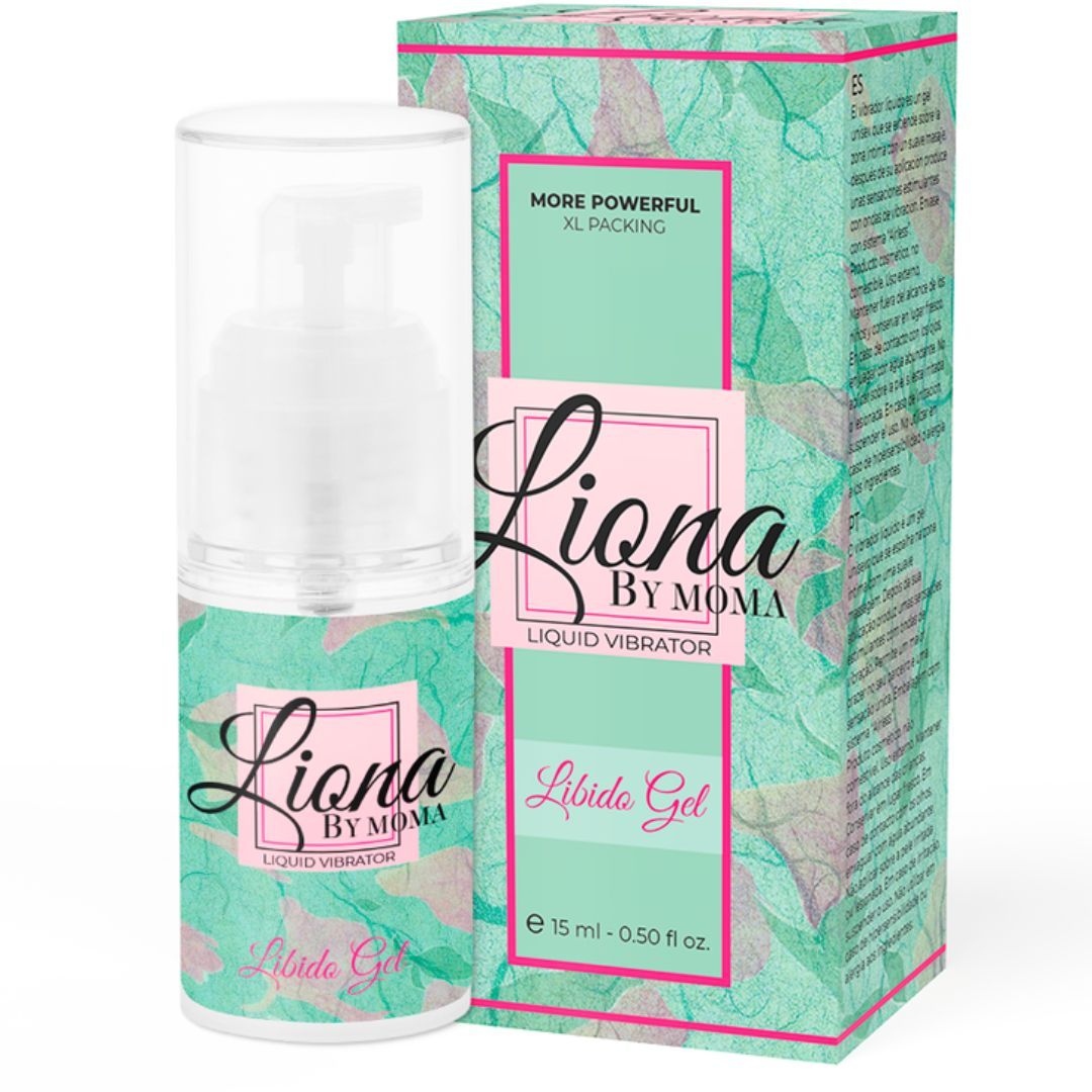 Produktflasche mit Verpackung. Flasche mit Pumpe, Etikett mit Logo. Verpackung mit Logo und Text. "Libido Gel" Schriftzug.