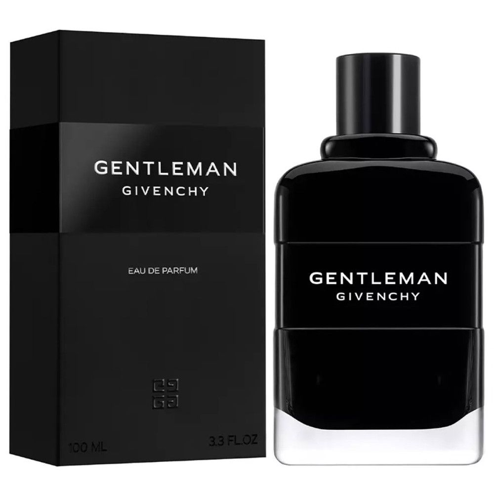 Schwarzer Flakon und Verpackung. Aufschrift: GENTLEMAN Givenchy. Eau de Parfum. 3.3 FL.OZ. 100 ML.