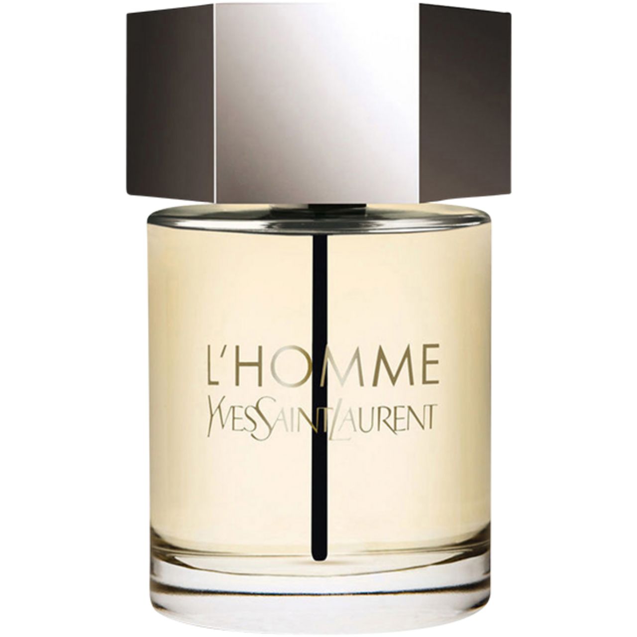 L'Homme Flakon von Yves Saint Laurent. Zylindrischer Glasflakon mit silbernem Deckel und schwarzem Mittelteil. Schriftzug L'Homme und Yves Saint Laurent.