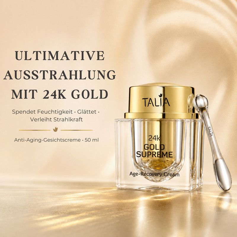 Luxuriöser Tiegel mit 24K Gold Supreme Age-Recovery Cream und einem Applikator.