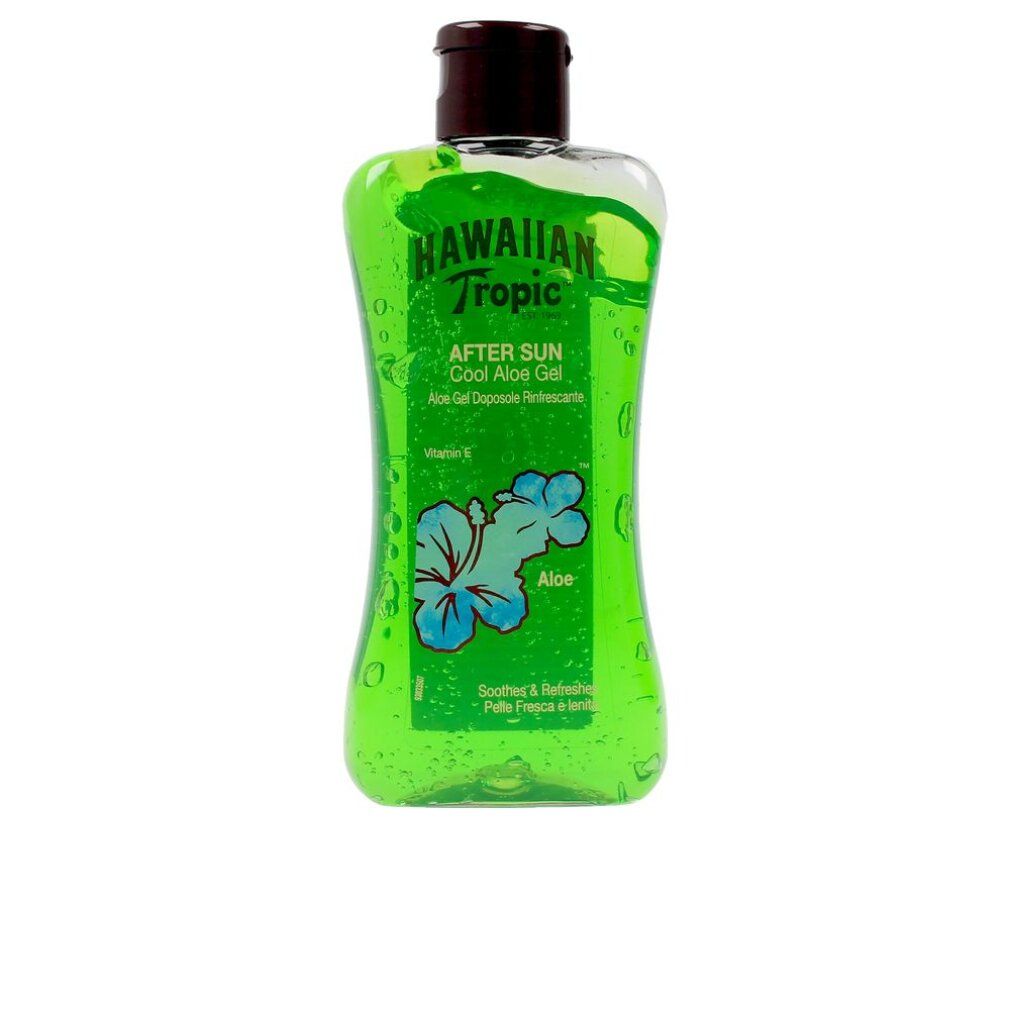 Grüne Flasche Hawaiian Tropic After Sun Gel. Brauner Deckel. Aloe Vera-Logo. Klarer Hintergrund.