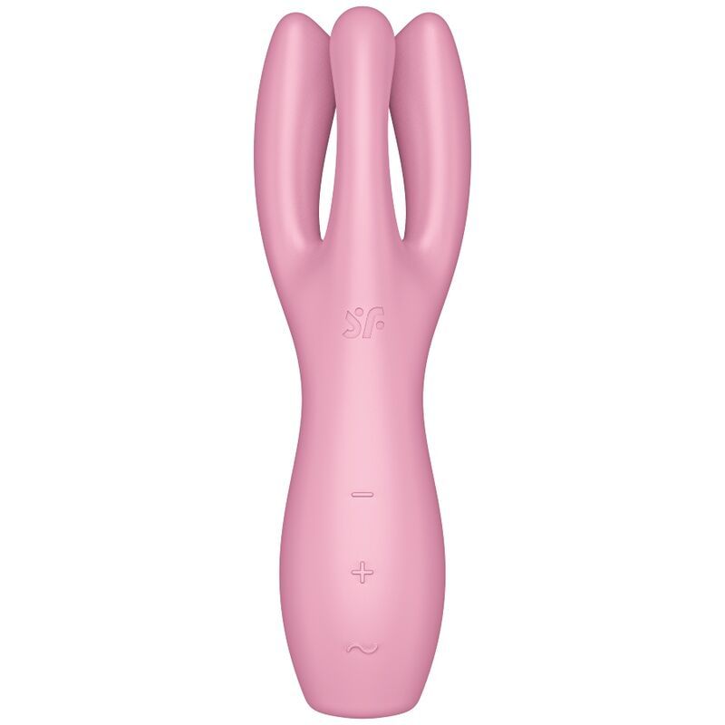 Rosa Auflegevibrator mit drei Ausläufern. Steuerungssymbole und Logo. Auf weißem Hintergrund.