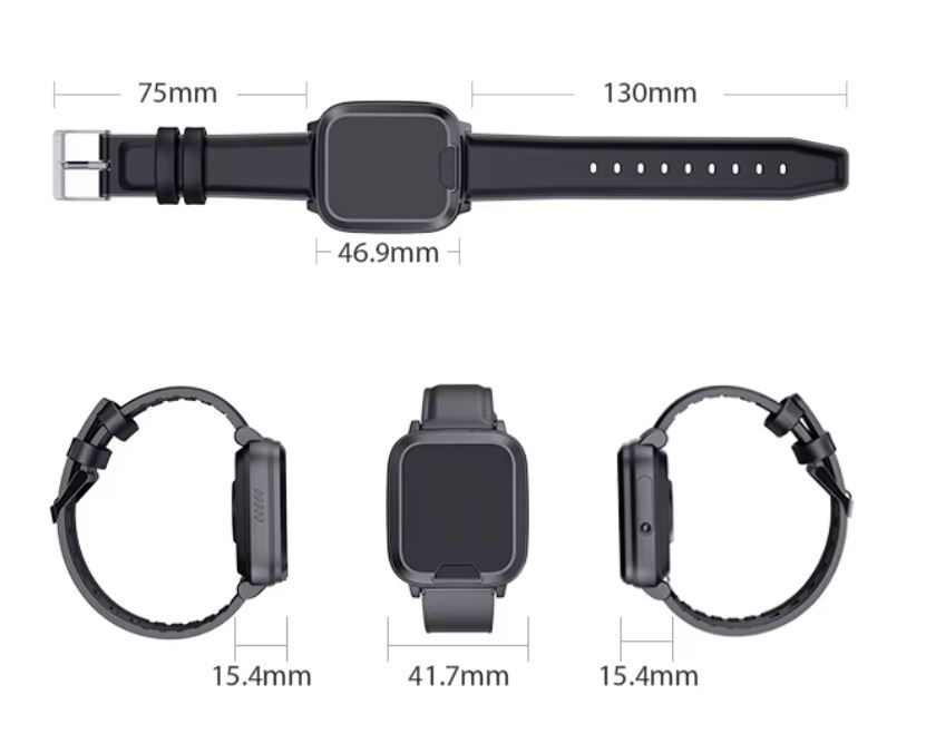 Technische Zeichnung einer schwarzen Smartwatch mit Abmessungen: 46.9mm Gehäuse, 15.4mm Dicke.
