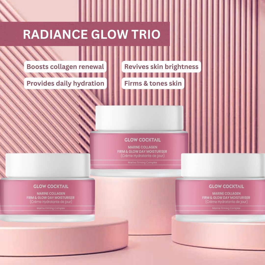 Glow Cocktail Marine Collagen Tagescreme Trio. Drei Tiegel auf Podesten. Textfelder mit Produktvorteilen.