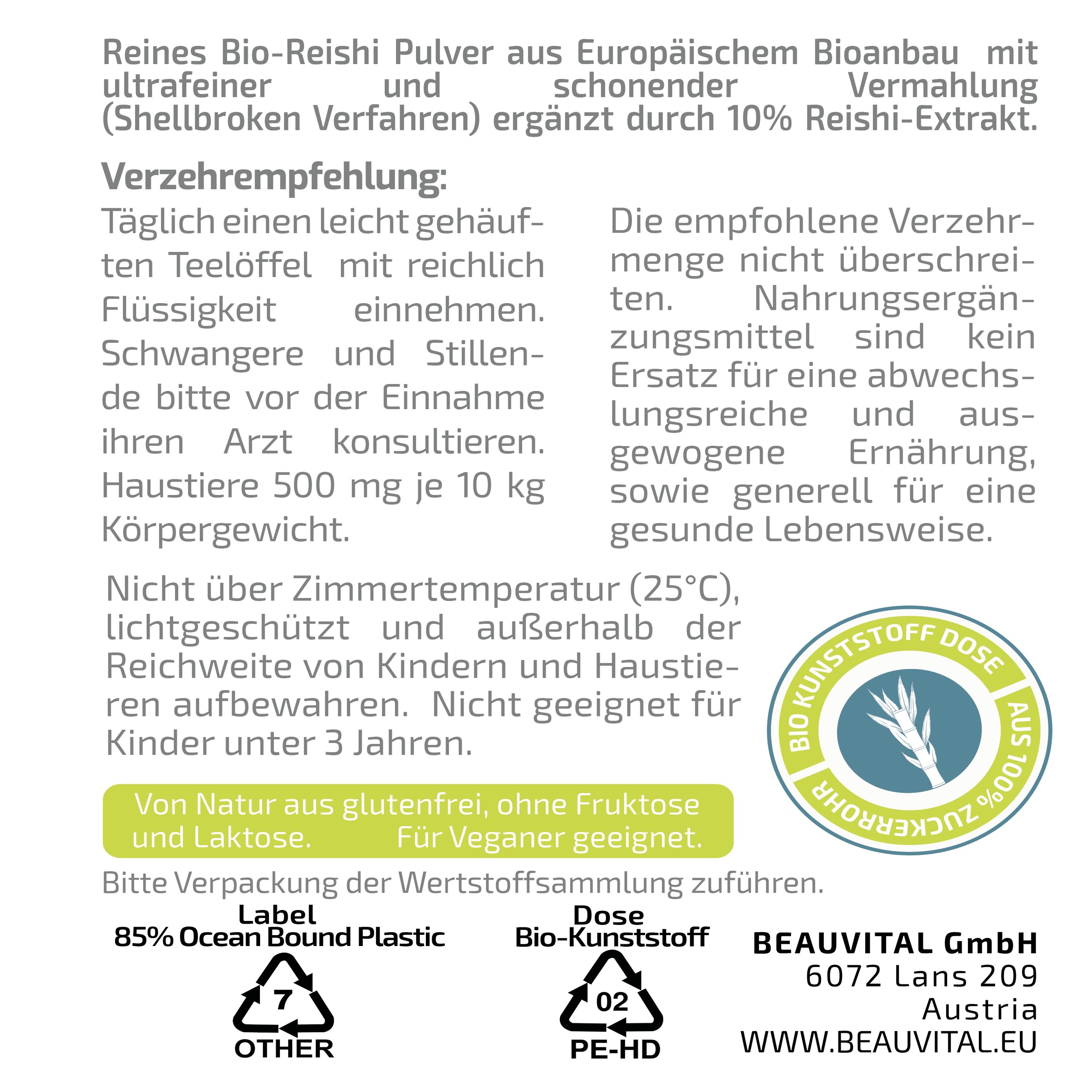 BEAUVITAL® Pure Bio Reishi Pulver mit 10% Ganoderma lucidum Extrakt