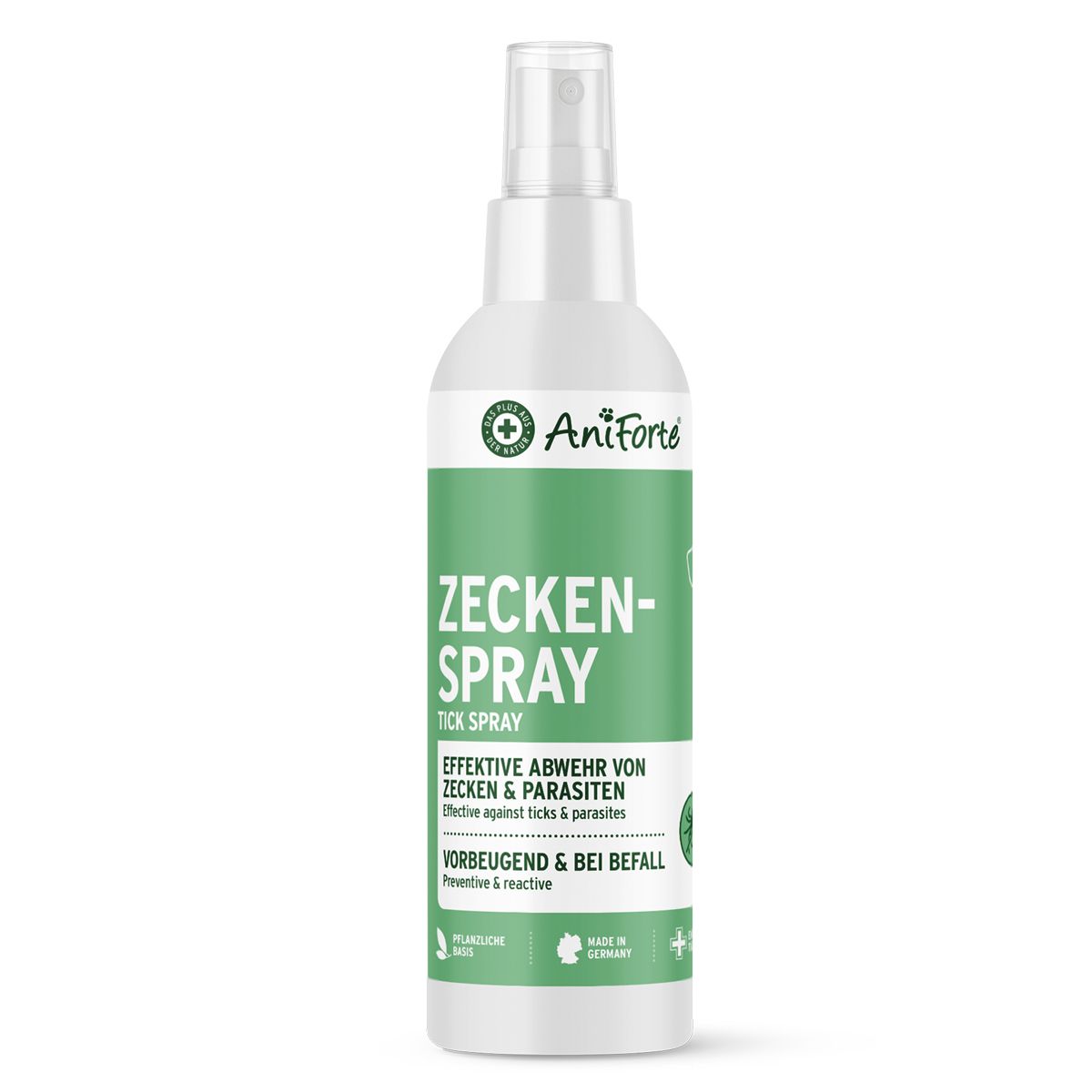 Zeckenspray-Flasche. Weiß mit grünem Etikett. Produktname und Logo deutlich sichtbar. Hergestellt in Deutschland.