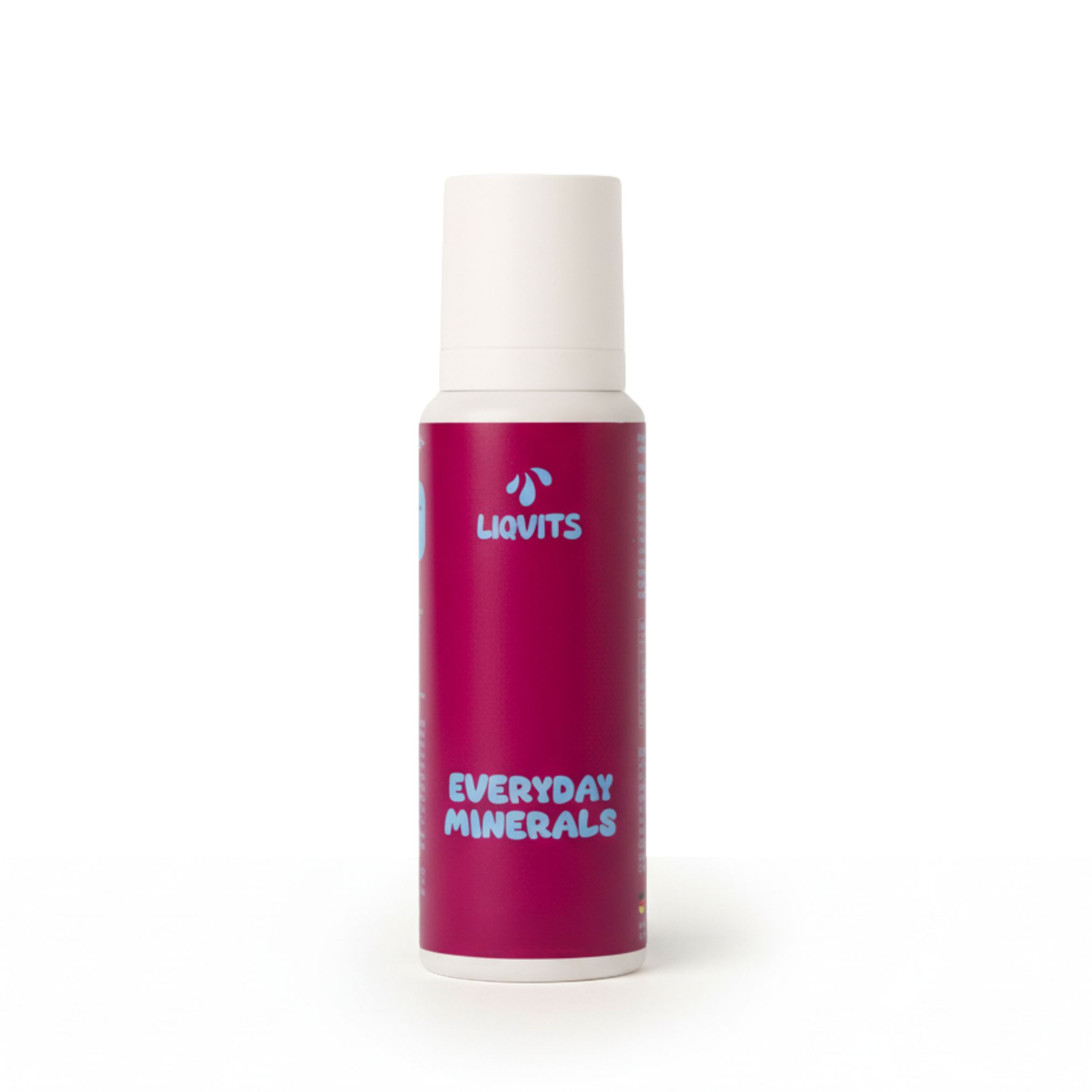 Flasche in Magenta mit weißem Deckel. Aufschrift: LIQUITS, EVERYDAY MINERALS.