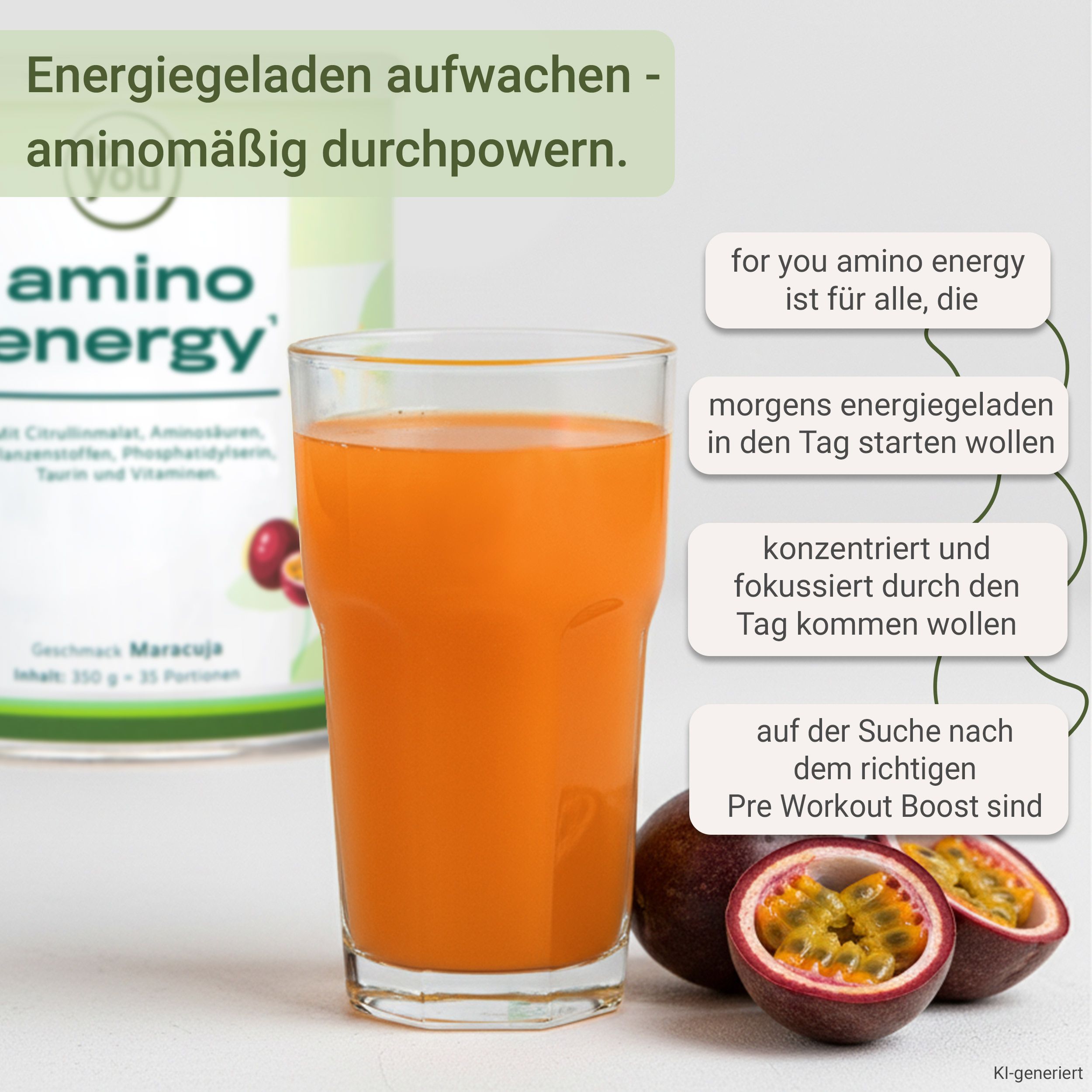 Glas mit orangem Getränk, daneben Passionsfrüchte und ein Behälter mit 'amino energy' Aufschrift.