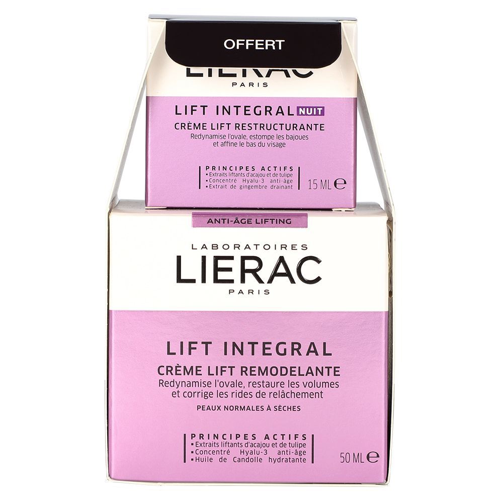 Verpackung mit LIERAC LIFT INTEGRAL Creme. Die Verpackung enthält eine Creme und eine kleinere Creme, mit Text und Produktnamen.