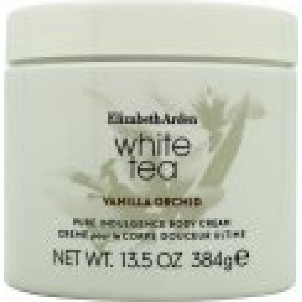 Weißer Tiegel mit Deckel. Aufschrift: Elizabeth Arden White Tea Vanilla Orchid Body Cream. Nettogewicht: 13,5 OZ 384g.
