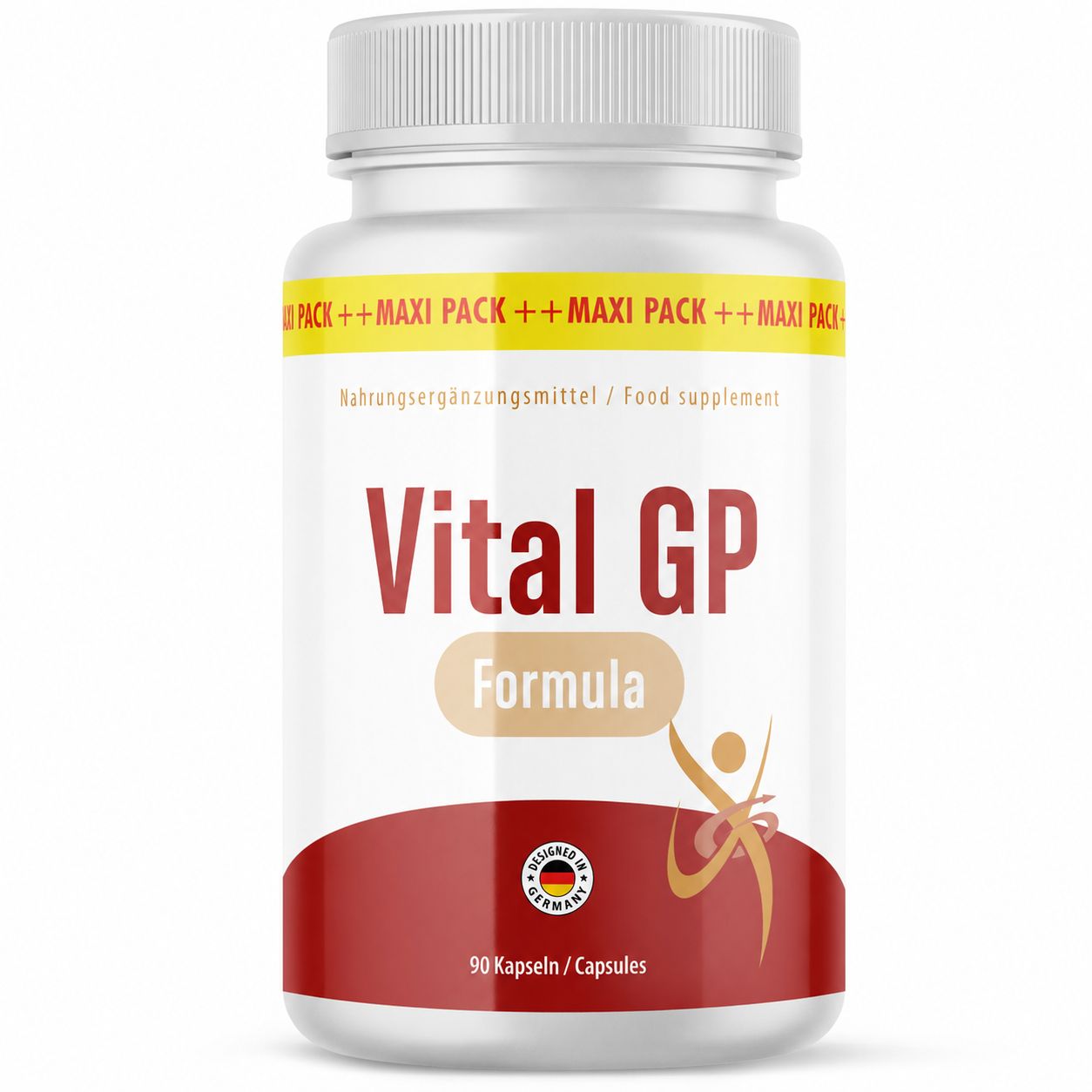 VITAL GP Formula Kapseln in weißem Behälter mit rotem und gelbem Etikett. 90 Kapseln.
