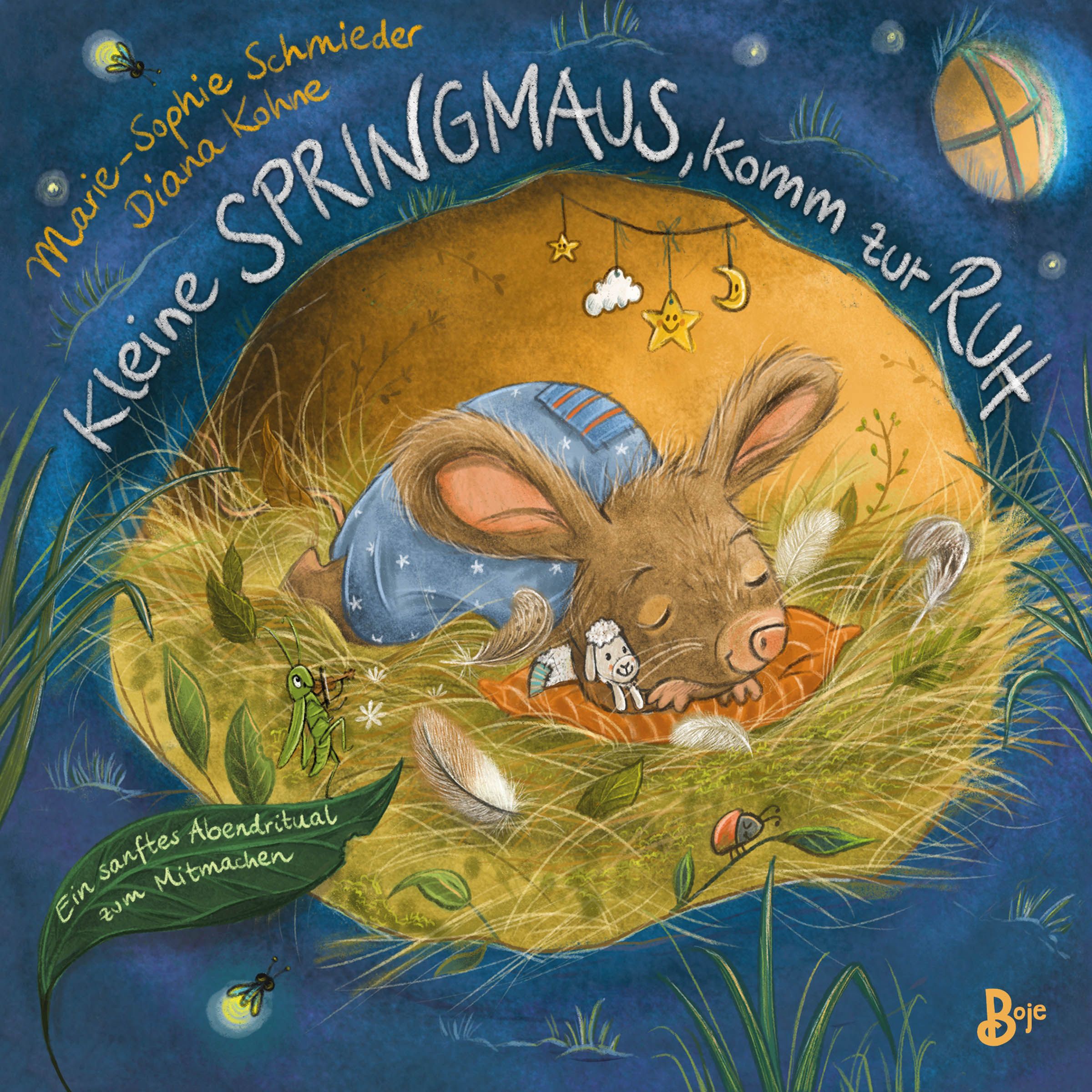 Buchcover: Titel „Kleine Springmaus, komm zur Ruh“. Illustration: Schlafende Maus in Nest, Mond, Sterne. Autorinnen: Marie-Sophie Schmieder, Diana Kohne.