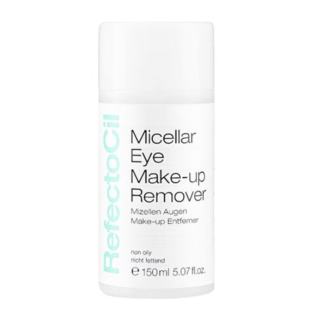 Weiße Flasche mit Aufschrift Micellar Eye Make-up Remover. RefectoCil-Logo. Nicht fettend. 150ml.