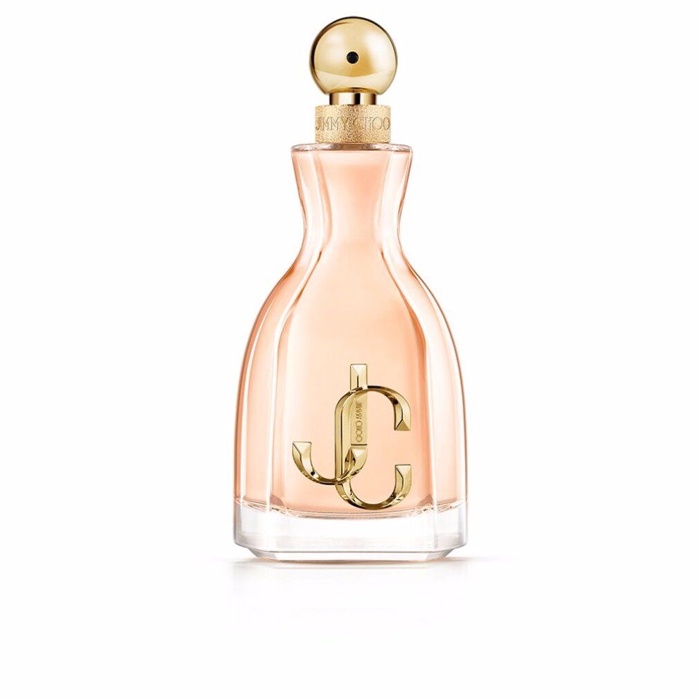 Parfümflakon mit goldfarbenem Verschluss und Logo. Rosa Flüssigkeit, klare Basis. Aufschrift "Jimmy Choo".