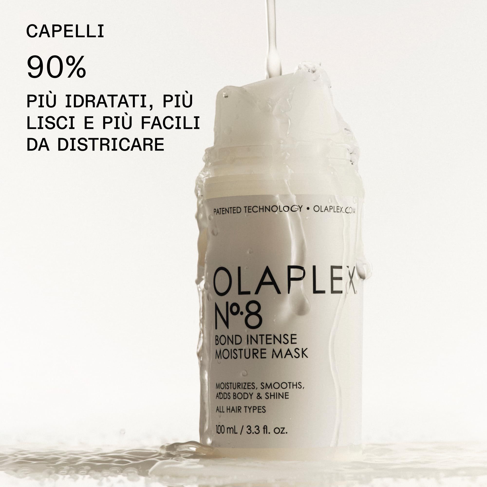 Weiße Flasche mit Pumpe, Wasserstrahl. Aufschrift: OLAPLEX N.8 BOND INTENSE MOISTURE MASK. Text: MOISTURIZES. SMOOTHS. ADDS BODY & SHINE. ALL HAIR TYPES. 100 ml / 3.3 fl. oz.