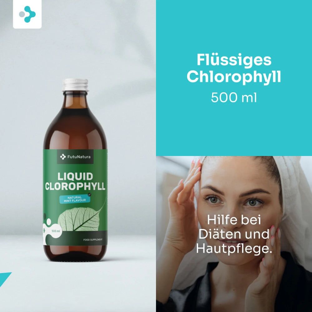 Werbebild. Grüne Flasche mit Liquid Chlorophyll. Text: Hilfe bei Diäten und Hautpflege. Frau berührt ihr Gesicht.
