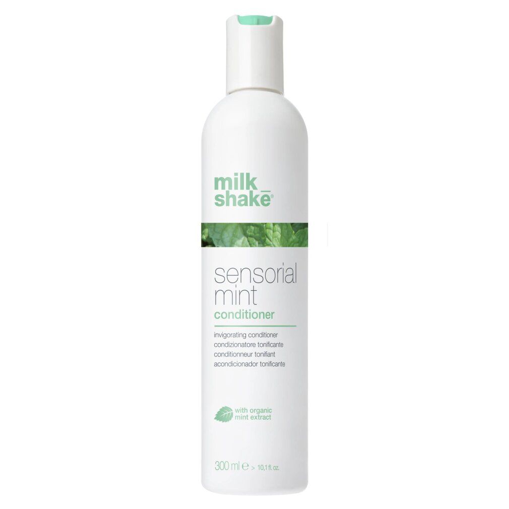 Weiße Flasche mit grünem Aufdruck. Beschriftung: milk_shake, sensorial mint conditioner. Enthält Minzextrakt. Volumen: 300 ml.
