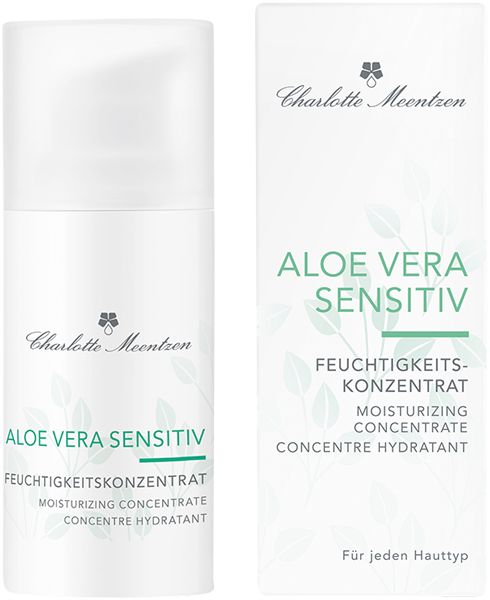 Weißes Fläschchen und Schachtel. Aufschrift: Aloe Vera Sensitiv, Feuchtigkeits-Konzentrat, Charlotte Meentzen. Für jeden Hauttyp.