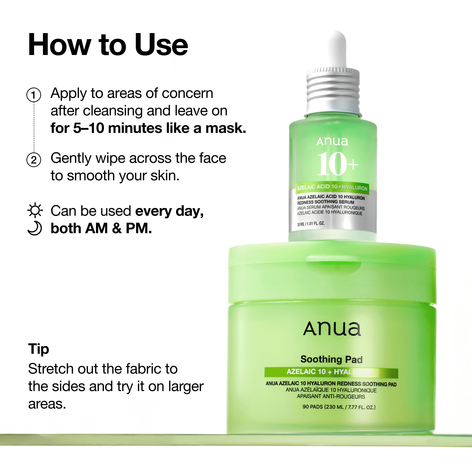 Anleitung zur Anwendung der Anua Azelaic Acid 10 Hyaluron Serum Pads.
