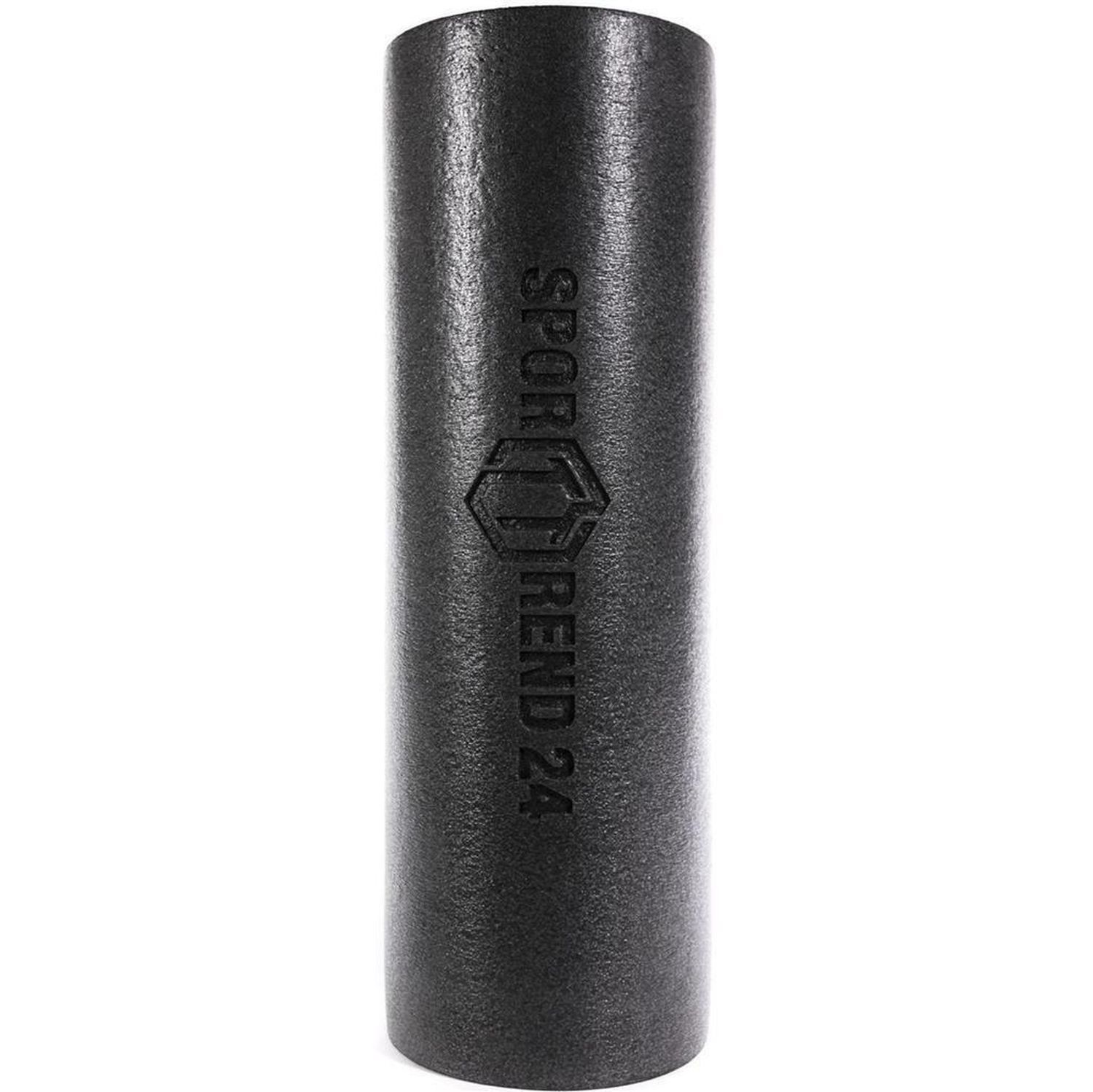 Schwarze Faszienrolle mit Logo. Zylindrische Form. Weißer Hintergrund.