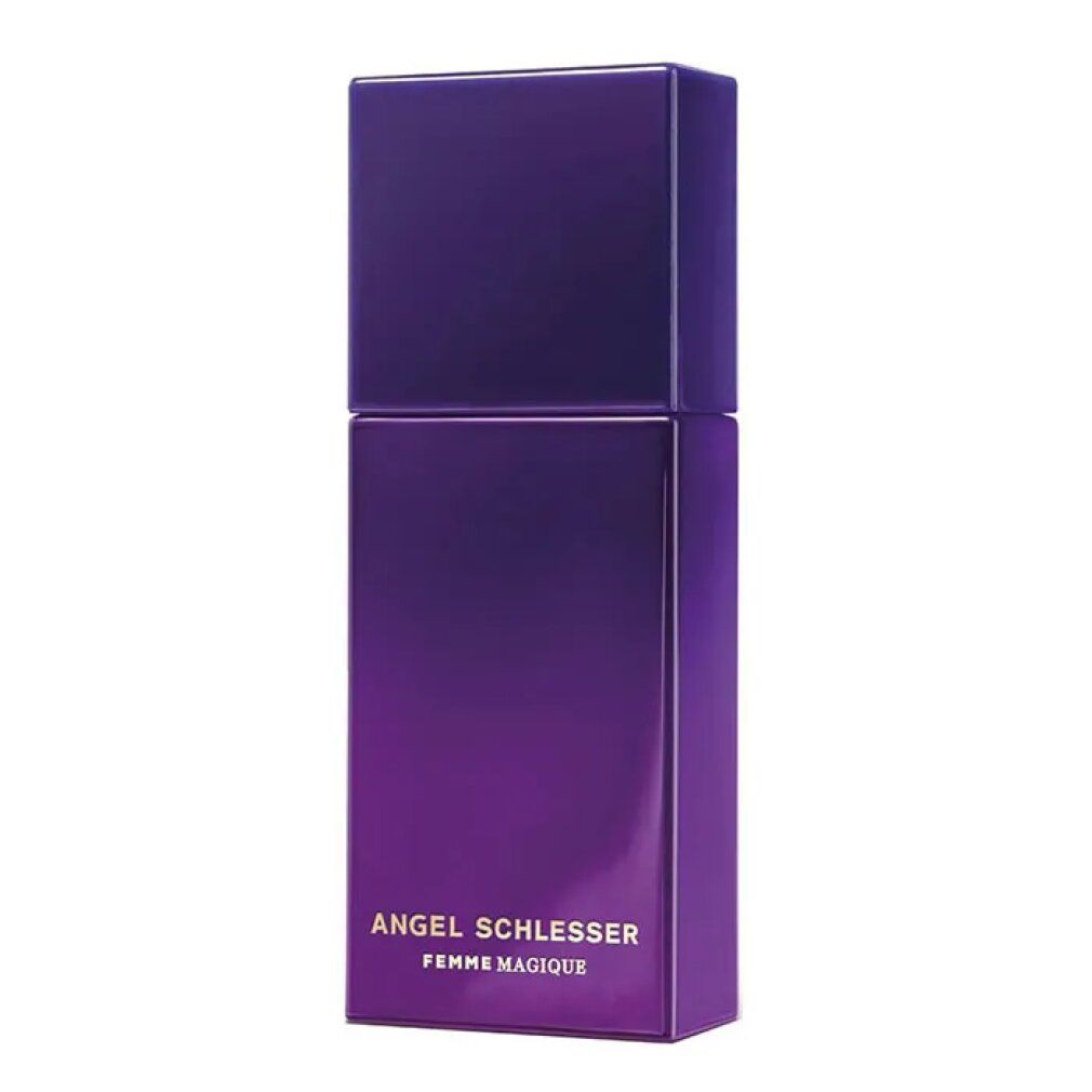 Violett-farbener Flakon mit rechteckigem Deckel. Aufschrift: Angel Schlesser Femme Magique.
