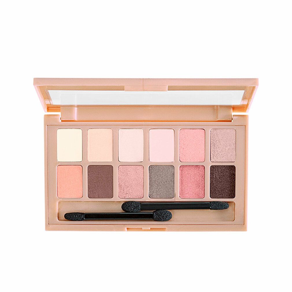 Lidschatten-Palette mit 12 Farbtönen. Rosa Verpackung mit Spiegel und Applikatoren. Aufschrift: THE blushed NUDES.