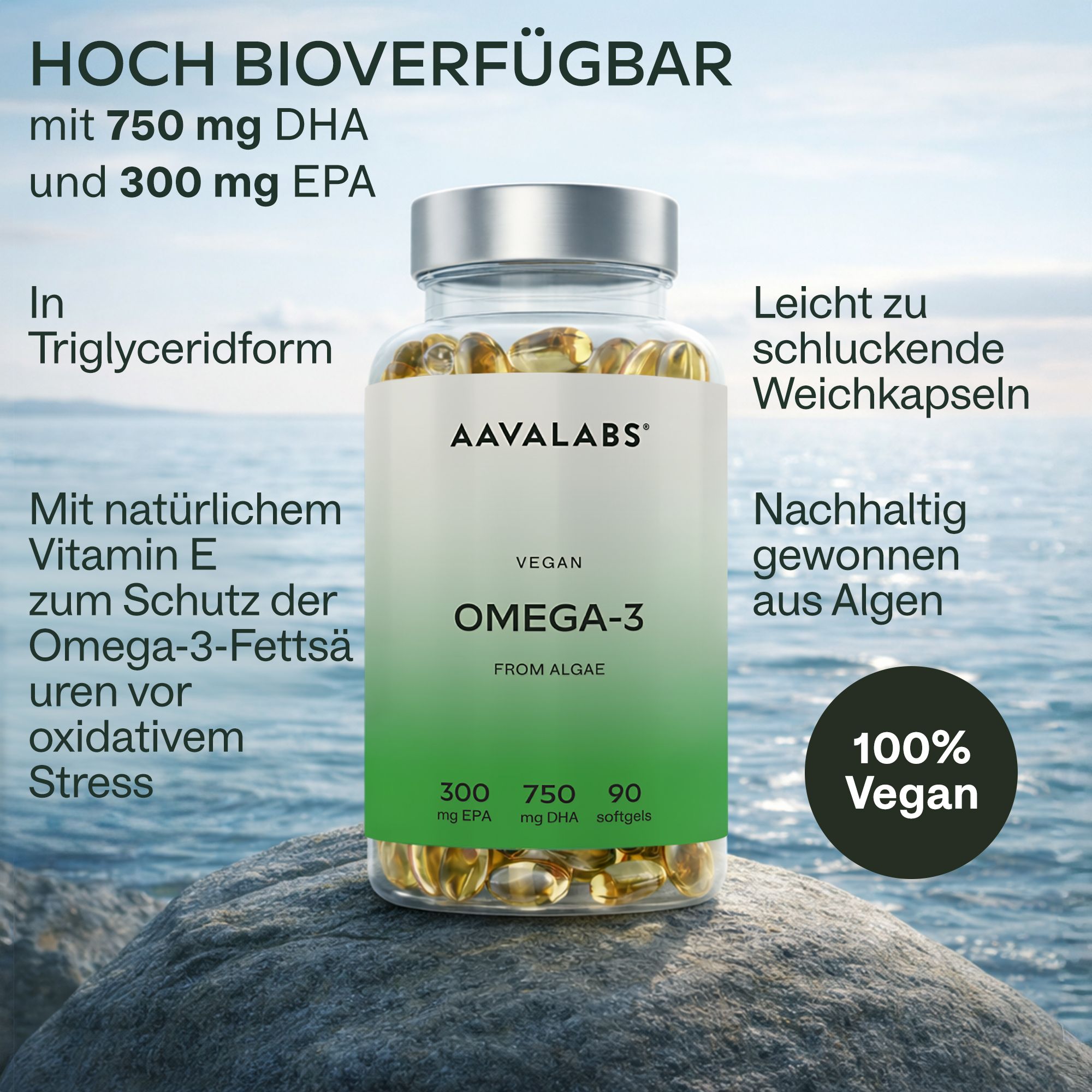 Flasche mit Text. Vegan Omega-3, 750 mg DHA, 300 mg EPA. Mit Vitamin E. Nachhaltig gewonnen.