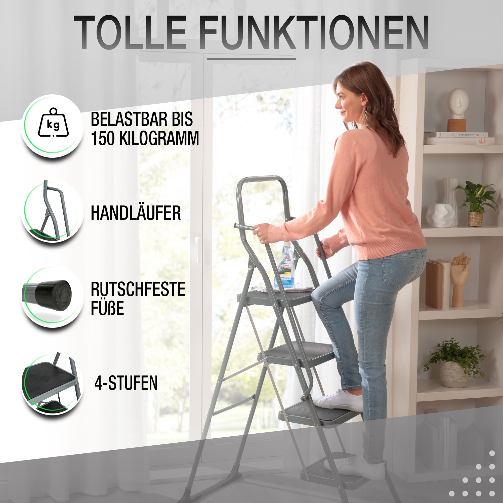 ELONEO Stehleiter 4 Stufen, extra dicke Handläufe, rutschsichere & große Trittflächen