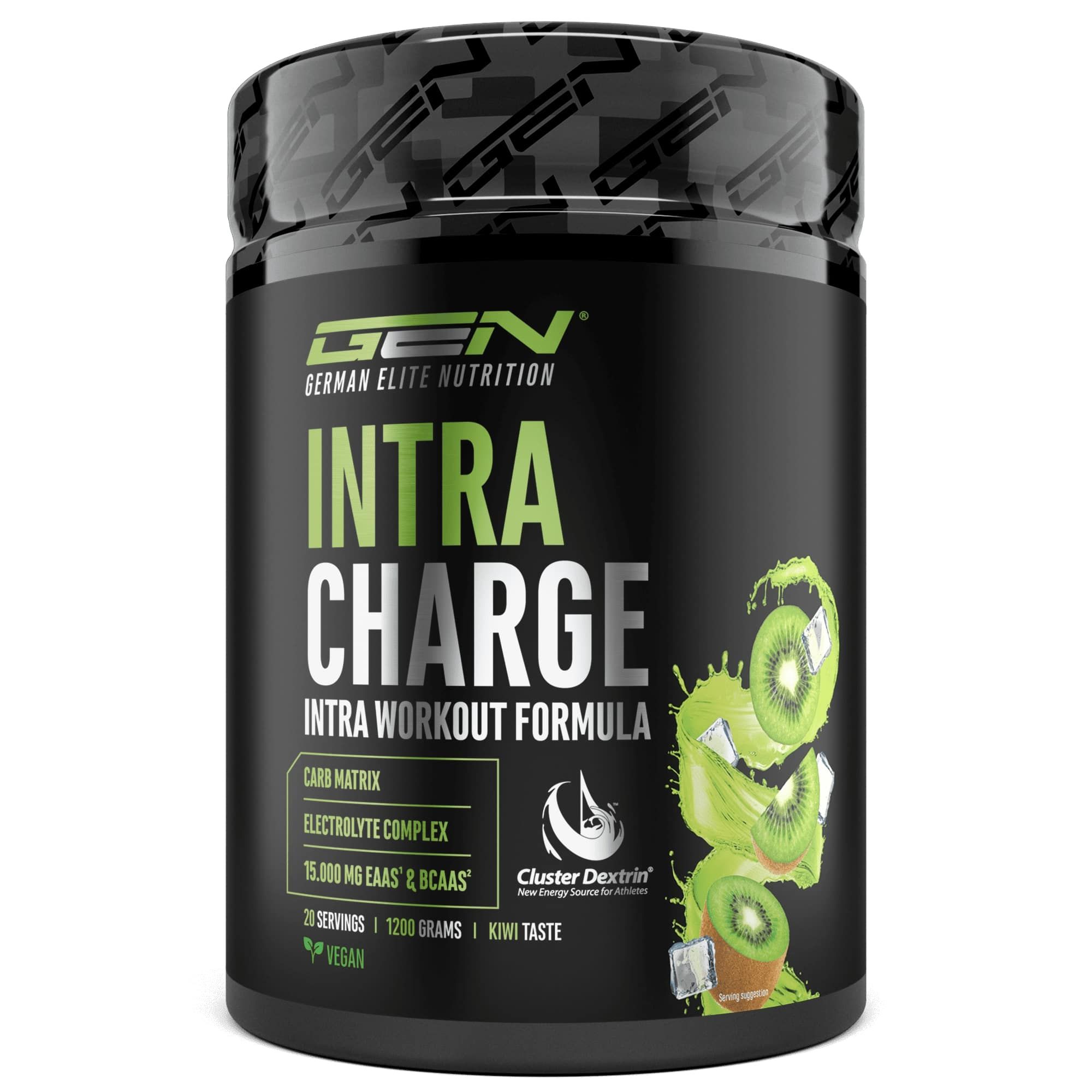 Schwarze Dose mit GEN Intra Charge. Aufschrift: Intra Workout Formula, Carb Matrix, Electrolyte Complex, 15.000 mg EAAs & BCAAs, Kiwi Taste.