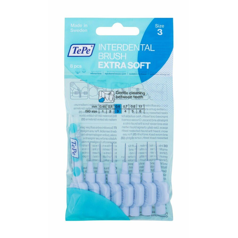Verpackung mit blauen TePe Interdentalbürsten. Extra Soft, 5 Stück. Aufschrift: Gentle cleaning between teeth.