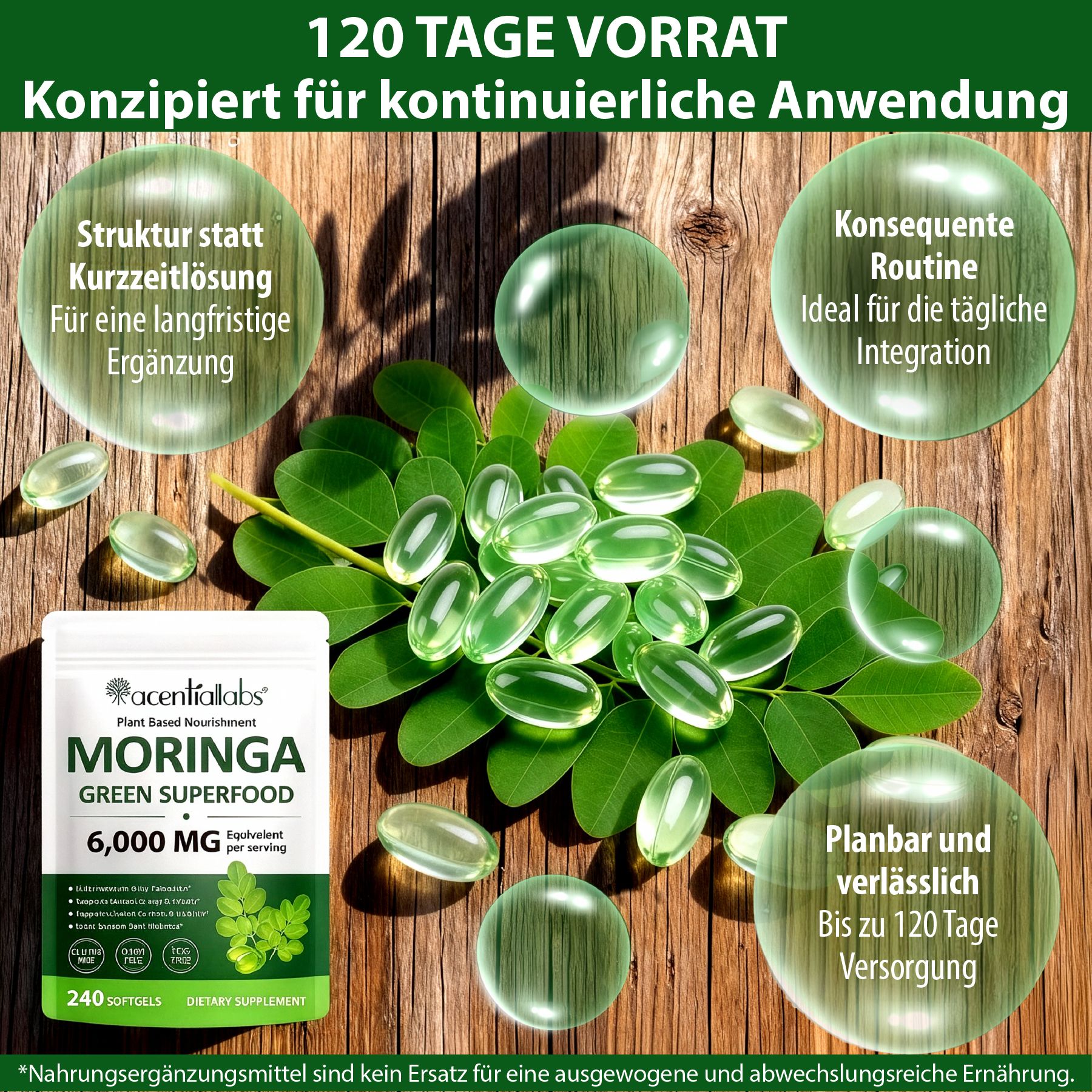 Grüne Softgels. Text: 120 Tage Vorrat. Text: Konzipiert für kontinuierliche Anwendung. Text: 240 Softgels.