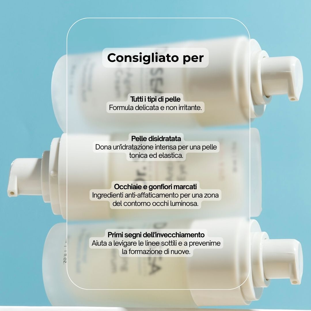 Tre flaconi di siero occhi. Testo: Consigliato per tutti i tipi di pelle, pelle disidratata, occhiaie e gonfiori marcati.