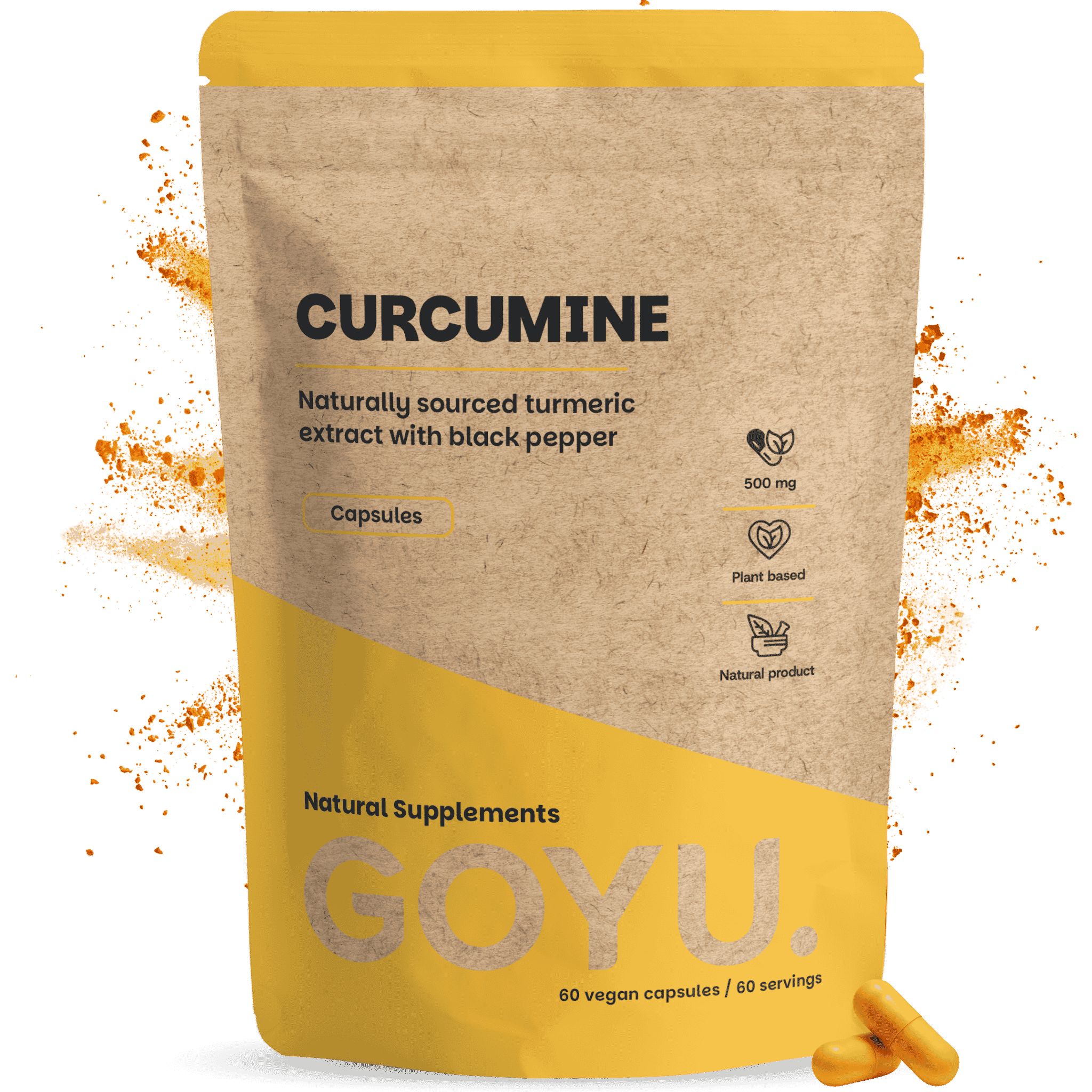 Braune Standbodenbeutel mit gelbem Design. Text: CURCUMINE, GOYU. 60 vegane Kapseln.