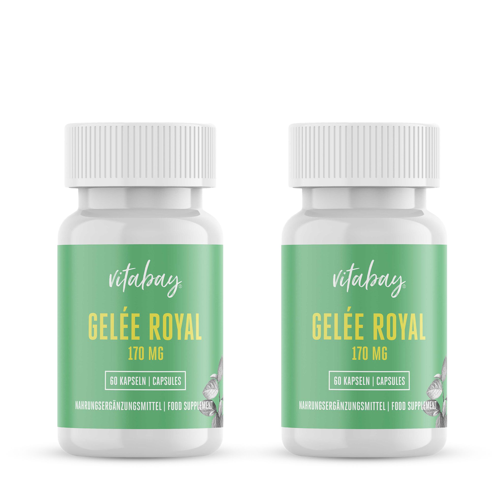 Zwei weiße Flaschen mit grünen Etiketten. Aufschrift: Vitabay Gelée Royal 170 mg, 60 Kapseln. Nahrungsergänzungsmittel.