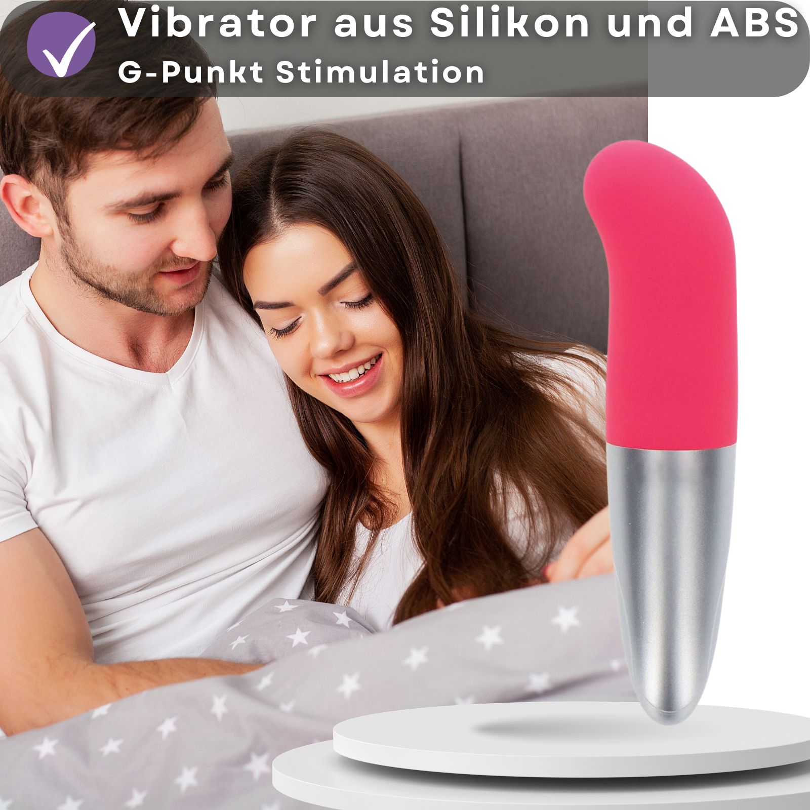 Vibrator, pinkfarbener Kopf, silberfarbener Schaft. Text: Silikon, ABS, G-Punkt Stimulation.