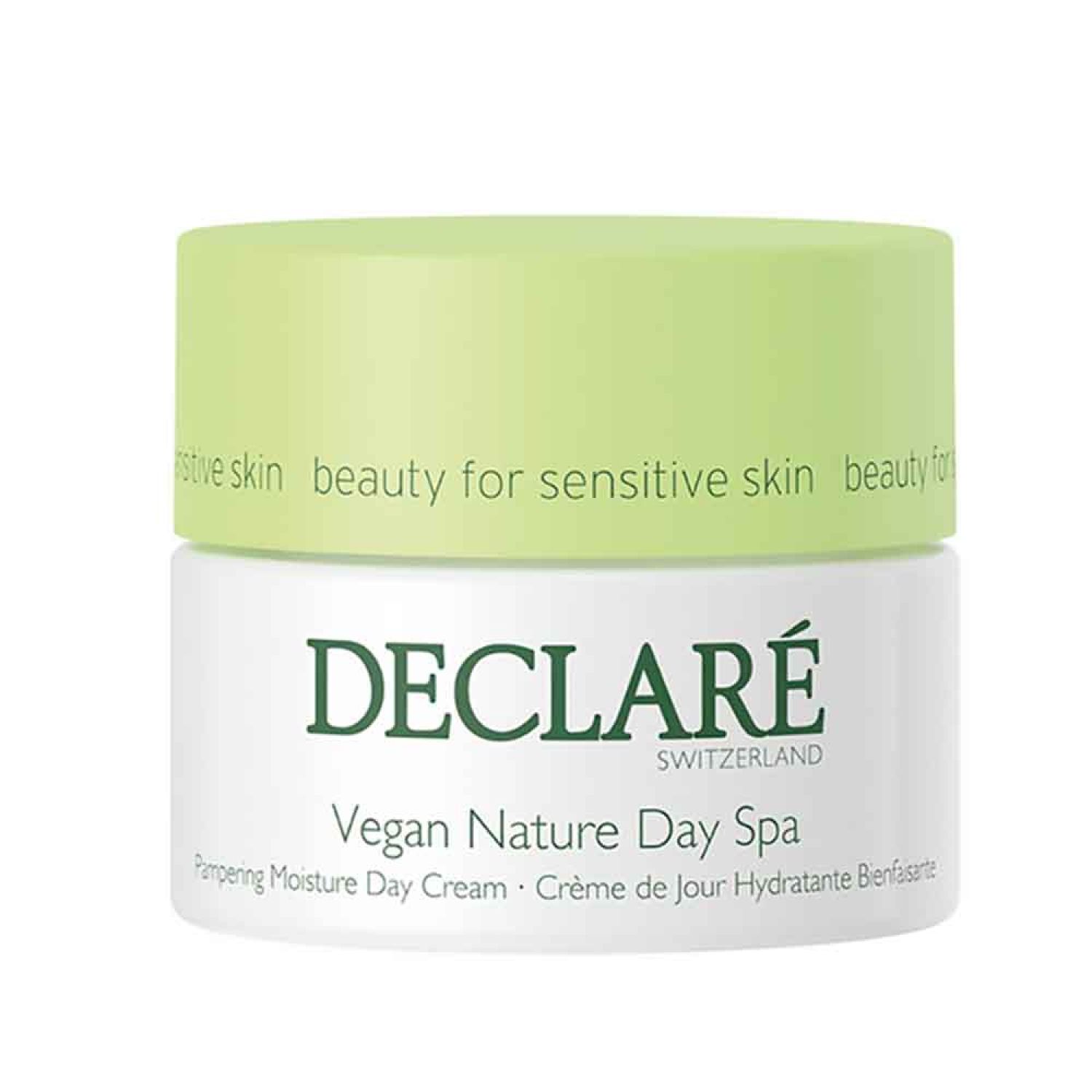 Creme-Tiegel mit grünem Deckel. Schriftzug: DECLARÉ SWITZERLAND, Vegan Nature Day Spa. Text: Pampering Moisture Day Cream.