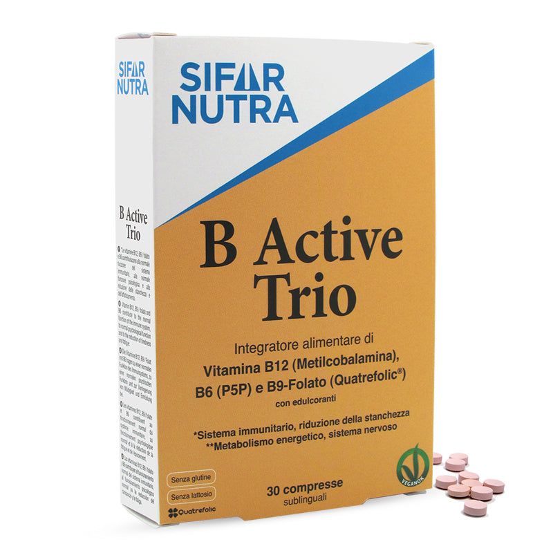 Packung Sifar Nutra B Active Trio. 30 sublinguale Tabletten. Gluten- und laktosefrei. Veganok-Logo.