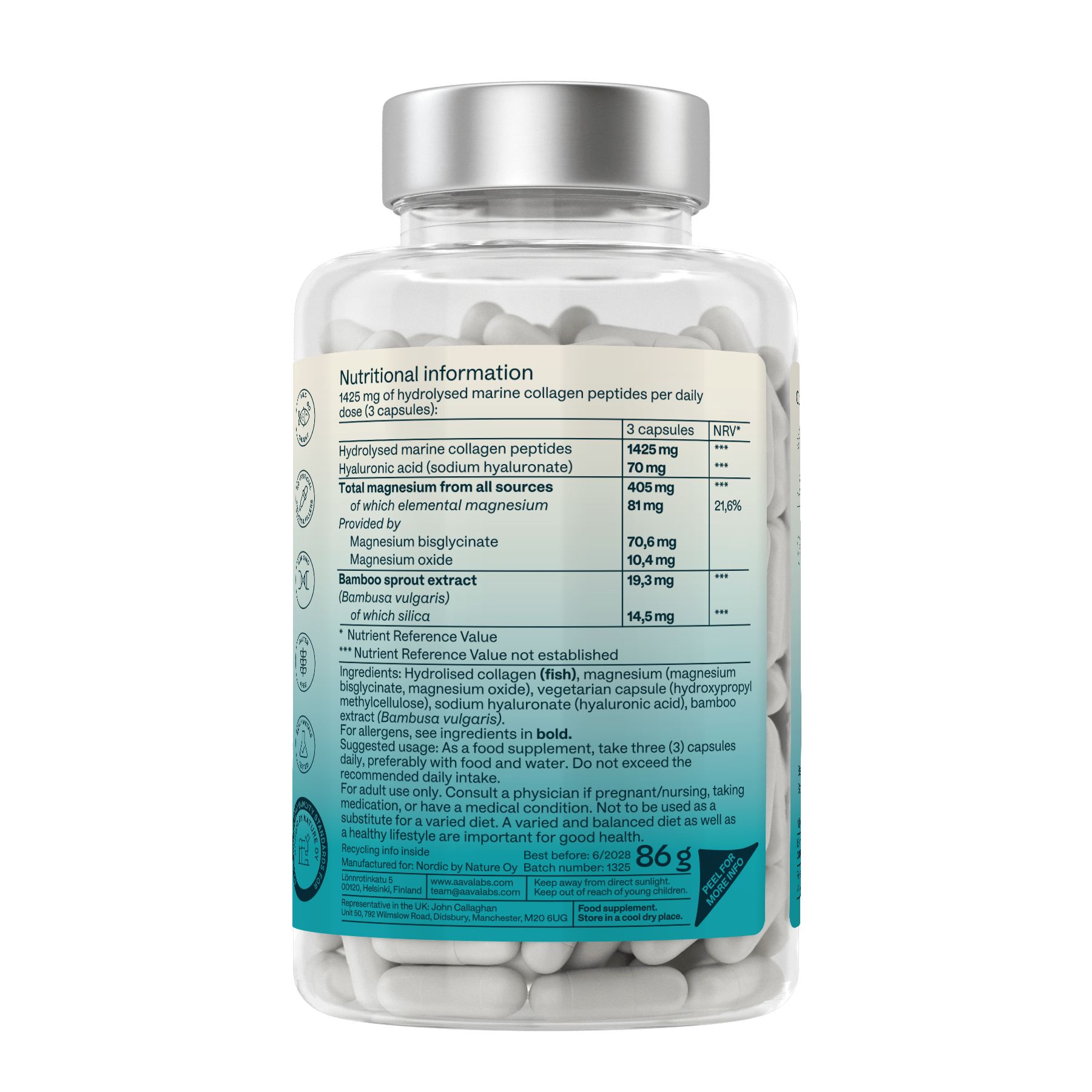 Rückseite der Kapsel-Glasflasche. Nährwertangaben. 86g. Marine Collagen. Mit Magnesium und Hyaluronsäure.